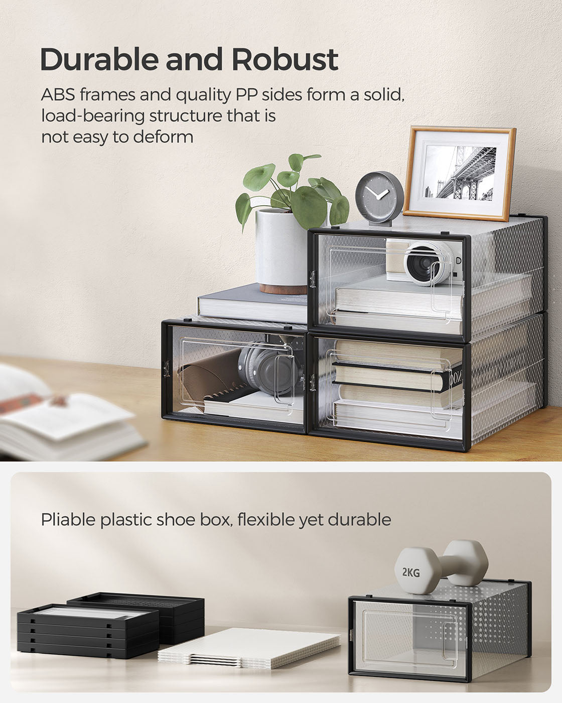 Shoe Storage Boxes - Transparent Plastic - Ink Black - Stackable Organizer for Sizes Up to UK 11