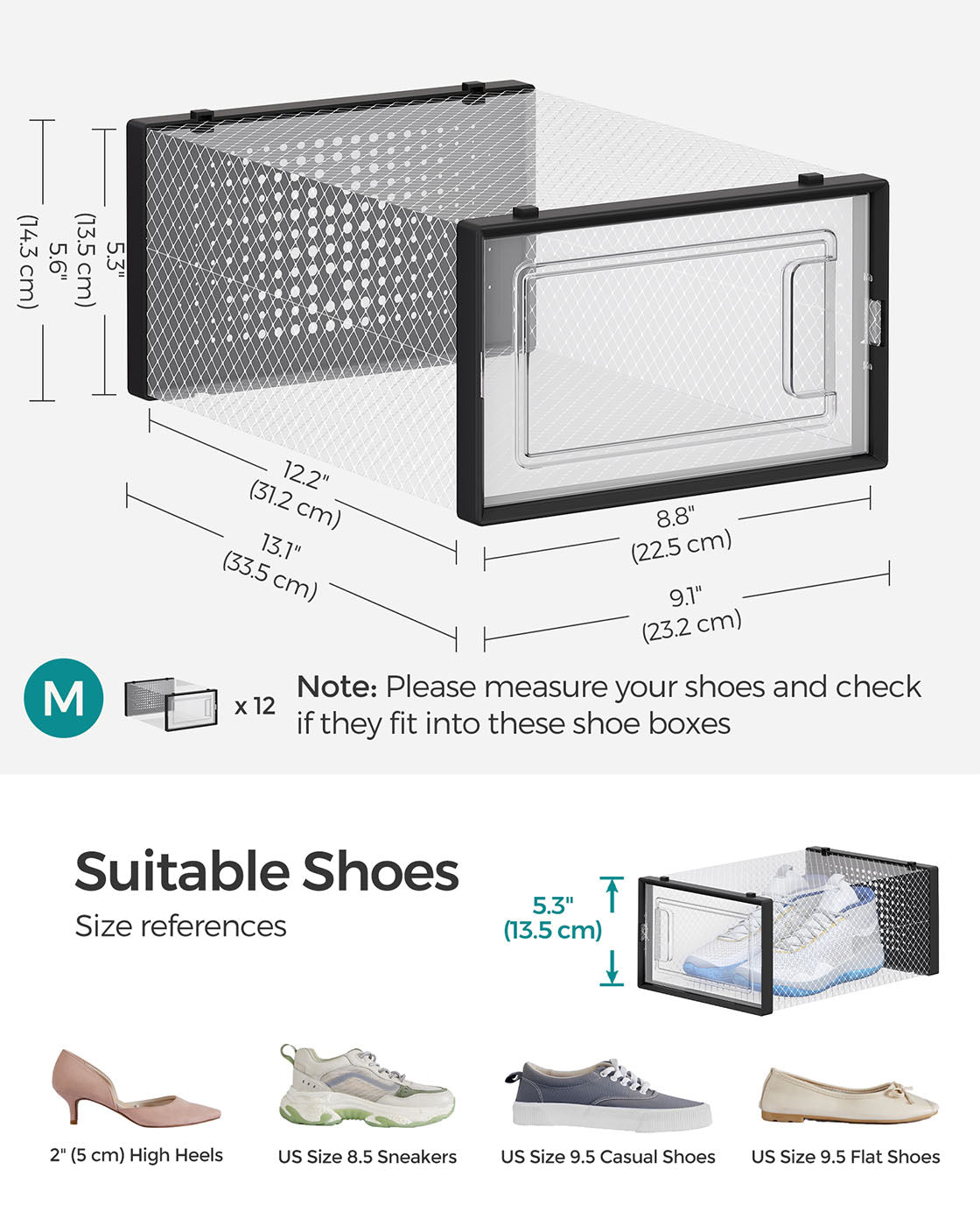 Shoe Storage Boxes - Transparent Plastic - Ink Black - Stackable Organizer for Sizes Up to UK 11