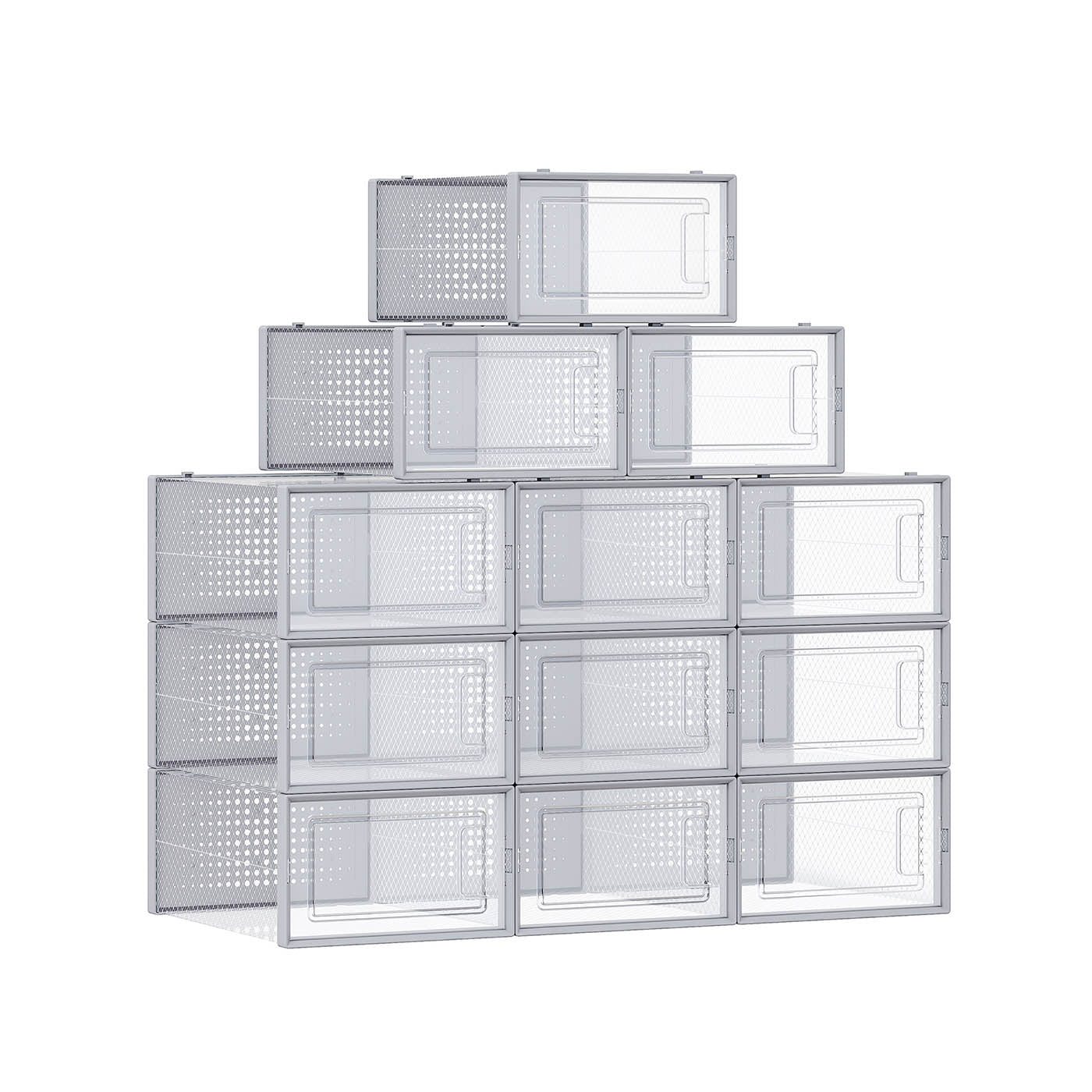 Stackable Shoe Boxes - Set of 12 with Lids - Clear Plastic - Dove Grey