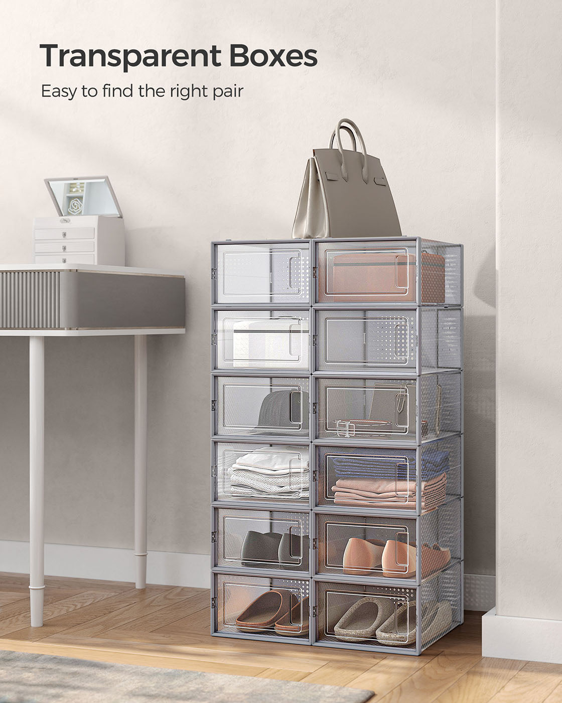 Stackable Shoe Boxes - Set of 12 with Lids - Clear Plastic - Dove Grey