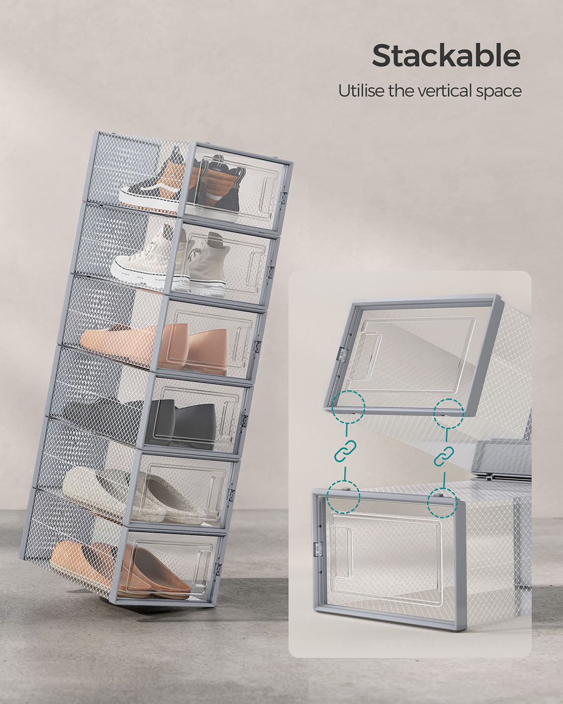 Stackable Shoe Boxes - Set of 12 with Lids - Clear Plastic - Dove Grey