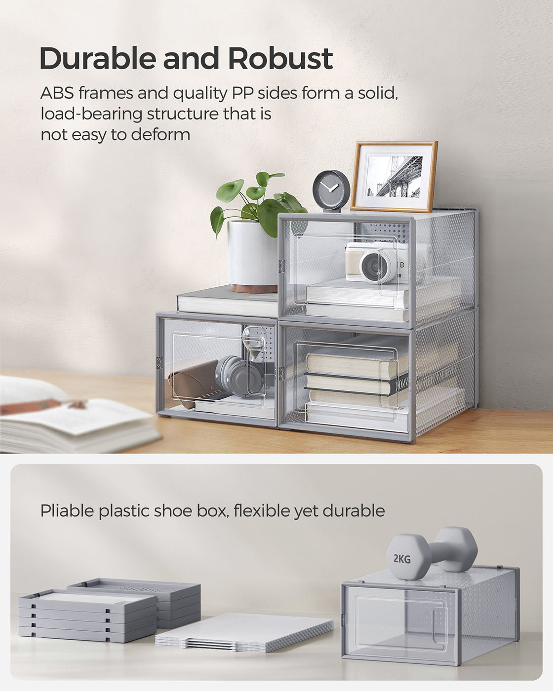 Stackable Shoe Boxes - Set of 12 with Lids - Clear Plastic - Dove Grey
