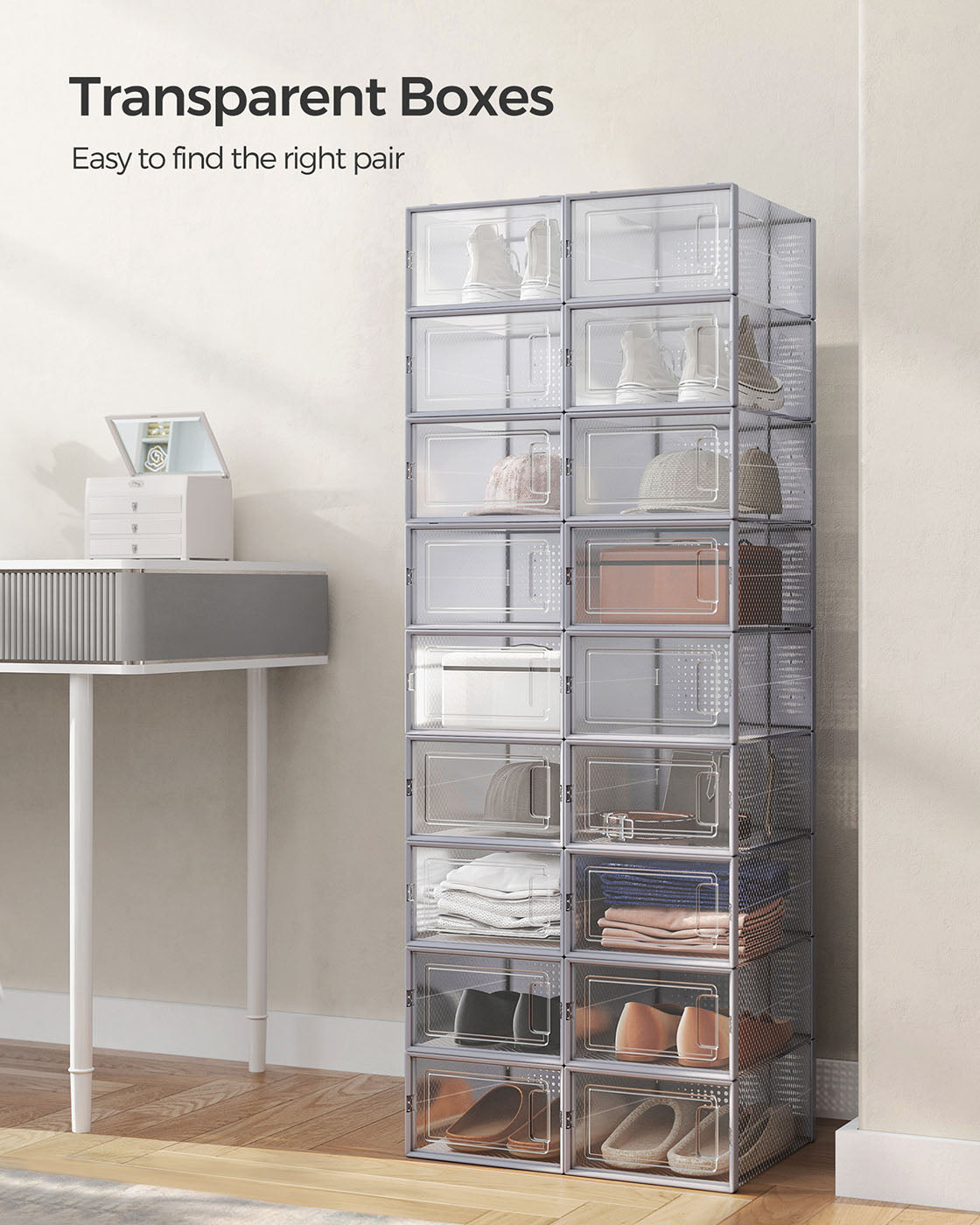 Pack of 18 Stackable Shoe Storage Organisers - Plastic - Transparent and White - Foldable and Versatile for Sneakers