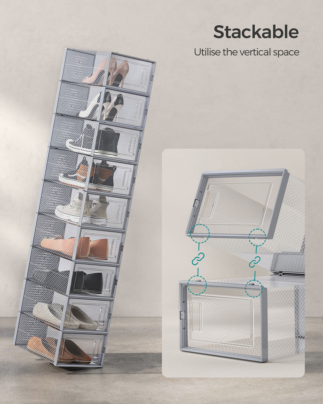 Pack of 18 Stackable Shoe Storage Organisers - Plastic - Transparent and White - Foldable and Versatile for Sneakers