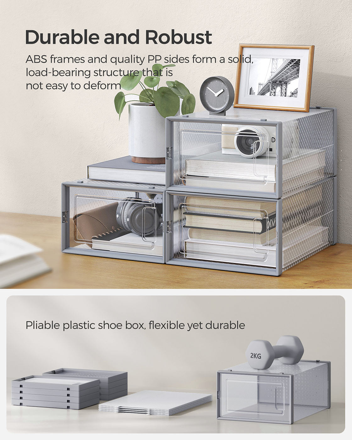 Pack of 18 Stackable Shoe Storage Organisers - Plastic - Transparent and White - Foldable and Versatile for Sneakers