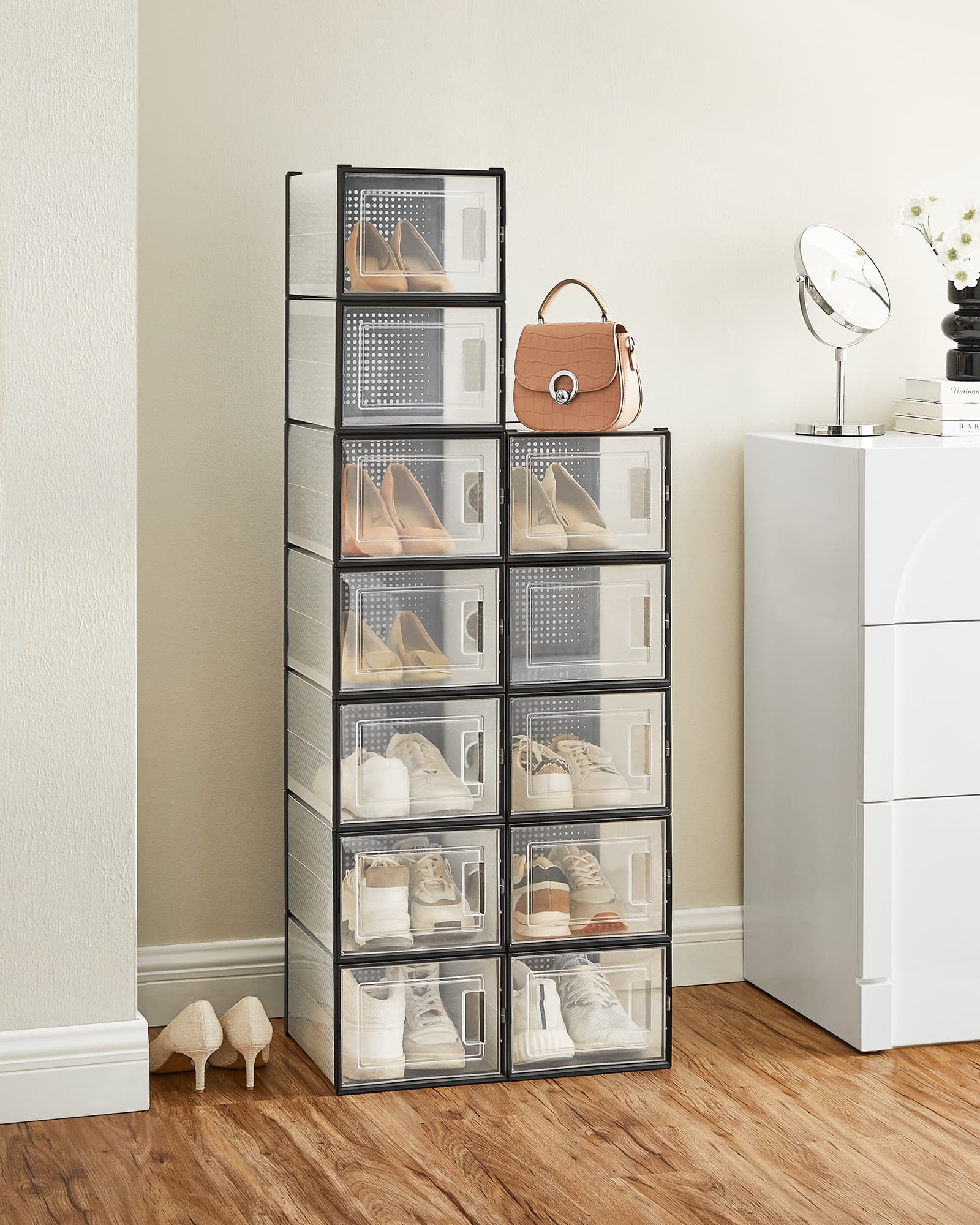 Pack of 12 Stackable Shoe Storage Organisers - Transparent and White - Foldable and Versatile for Sneakers