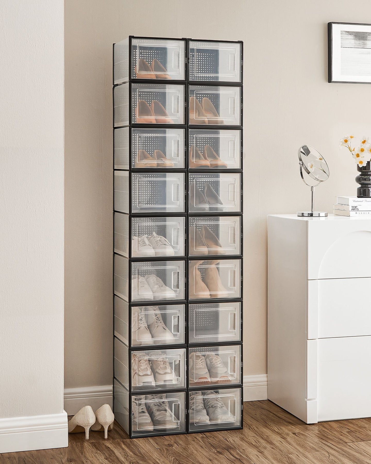 Pack of 18 Stackable Shoe Storage Organisers - Plastic - Transparent and White - Foldable and Versatile for Sneakers