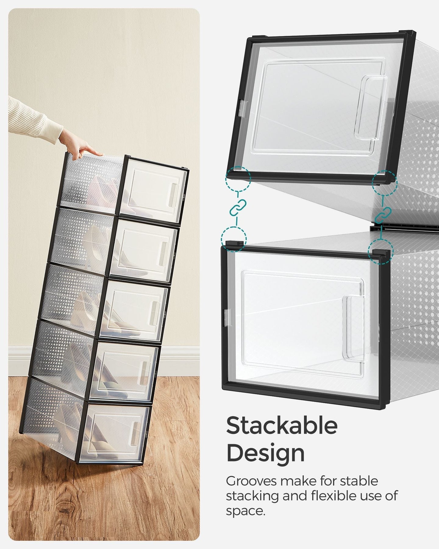 Pack of 18 Stackable Shoe Storage Organisers - Plastic - Transparent and White - Foldable and Versatile for Sneakers