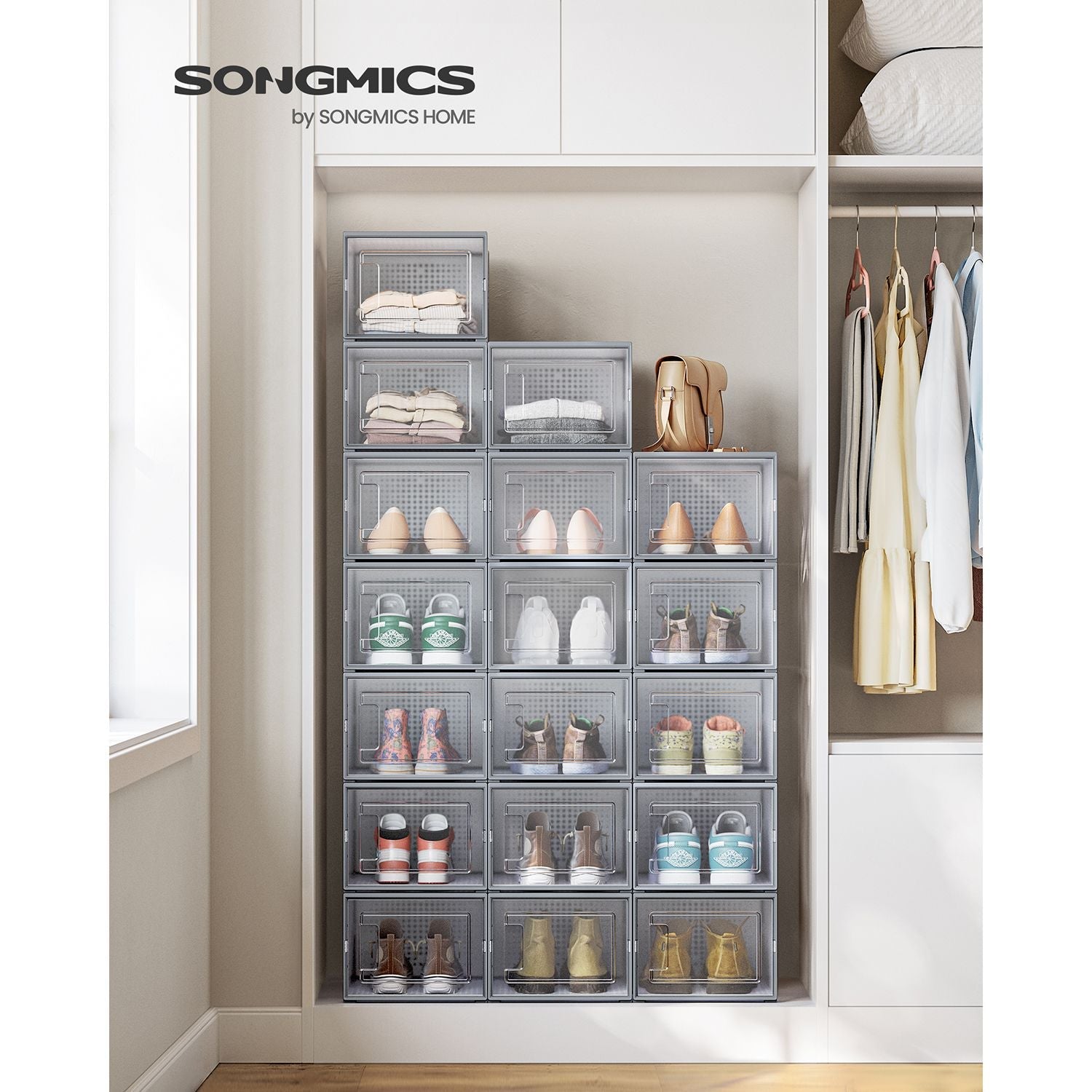 Pack of 18 Stackable Shoe Storage Organisers - Plastic - Transparent and White - Foldable and Versatile for Sneakers