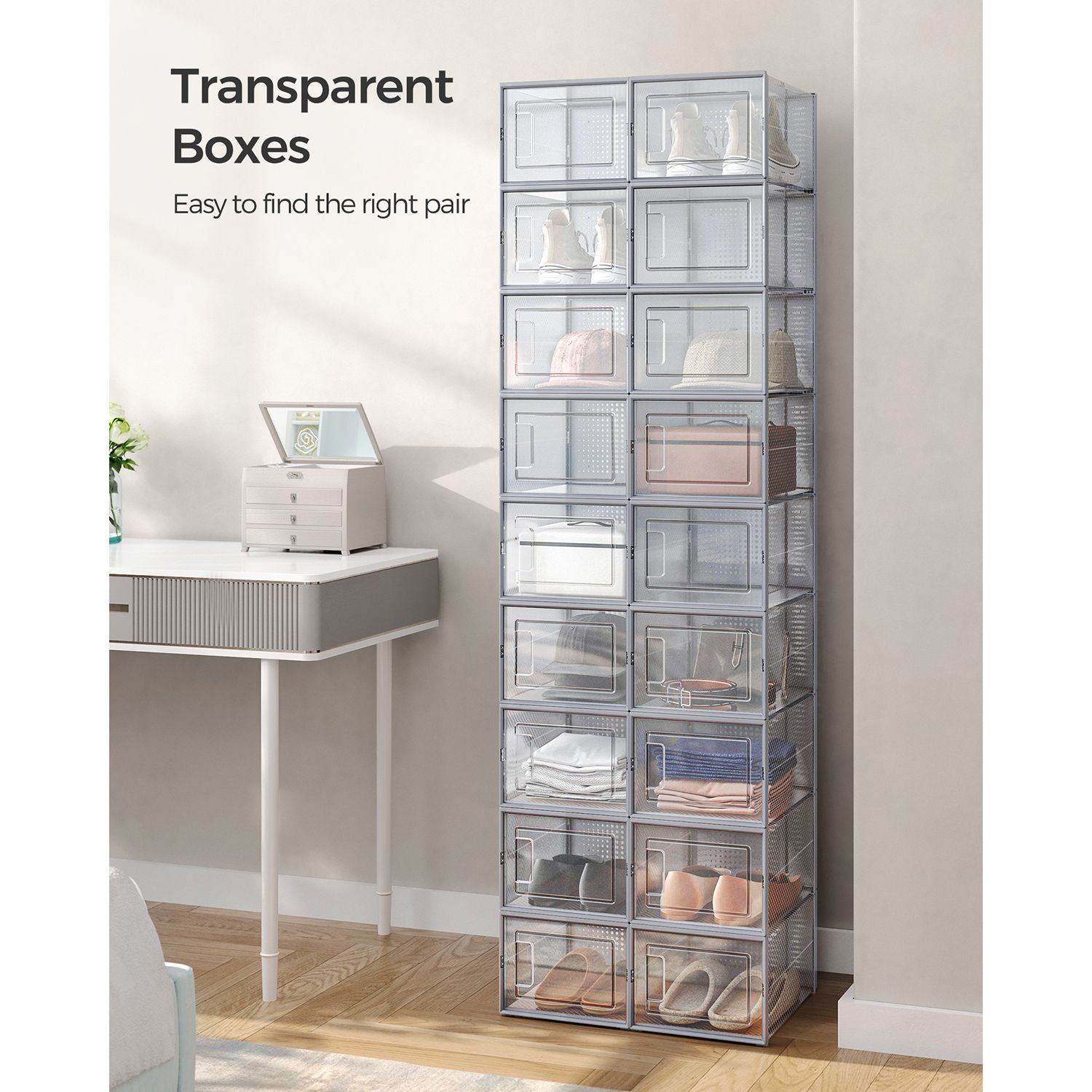 Pack of 18 Stackable Shoe Storage Organisers - Plastic - Transparent and White - Foldable and Versatile for Sneakers
