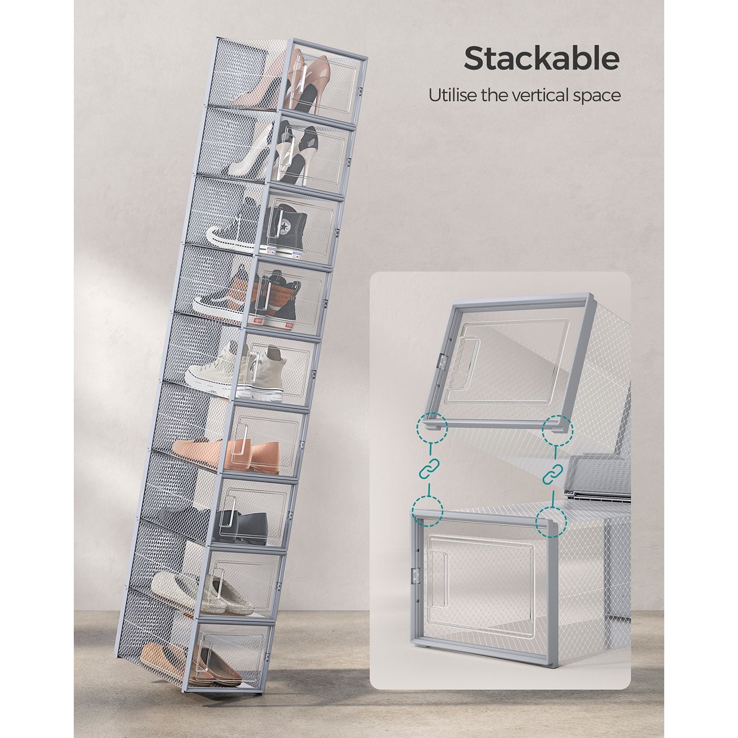 Pack of 18 Stackable Shoe Storage Organisers - Plastic - Transparent and White - Foldable and Versatile for Sneakers