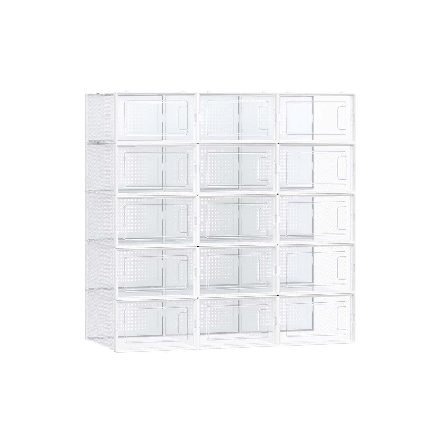 Shoe Storage Boxes - Pack of 15 - Transparent and White - Stackable and Versatile for Sizes Up to UK 9