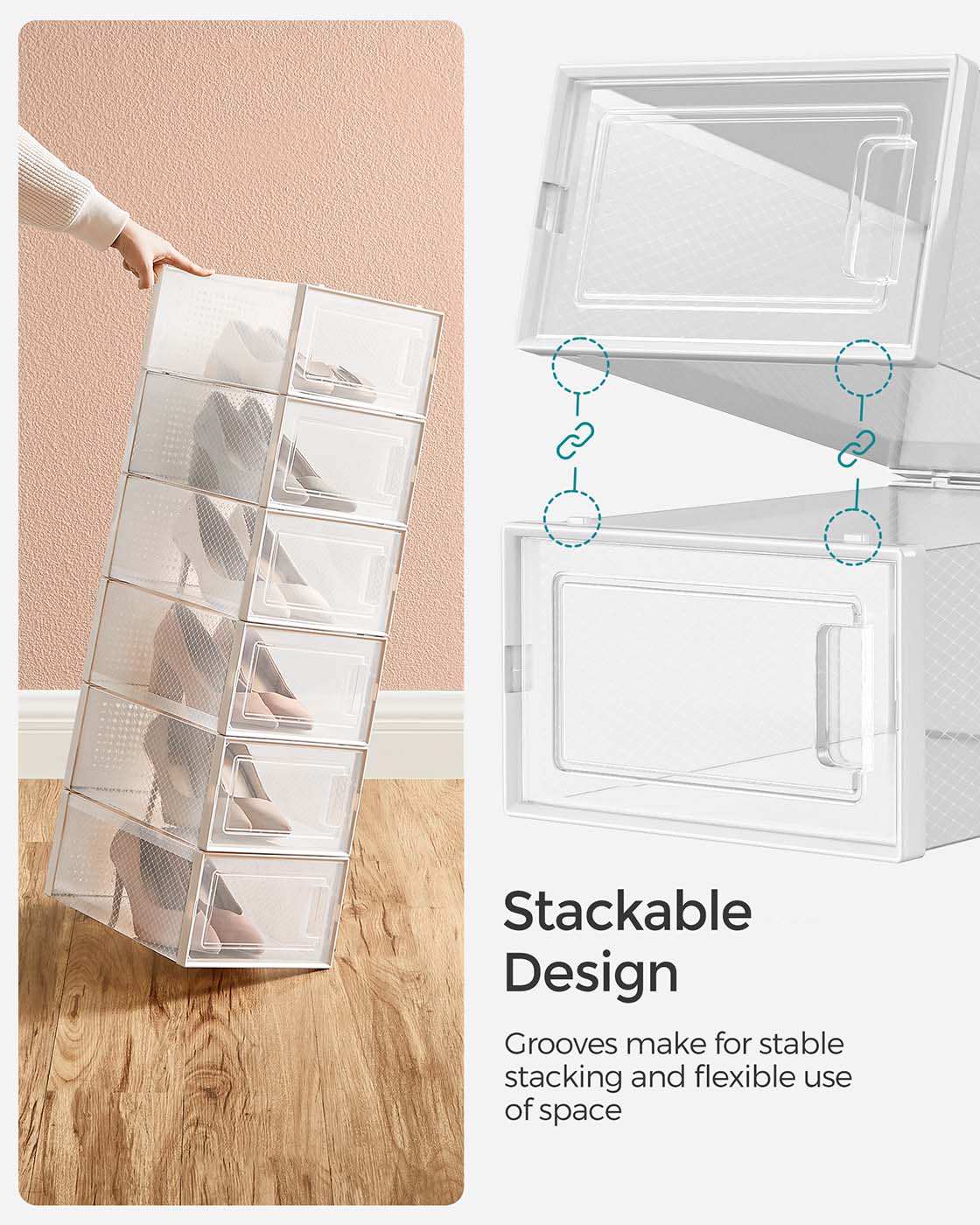 Shoe Storage Boxes - Pack of 15 - Transparent and White - Stackable and Versatile for Sizes Up to UK 9