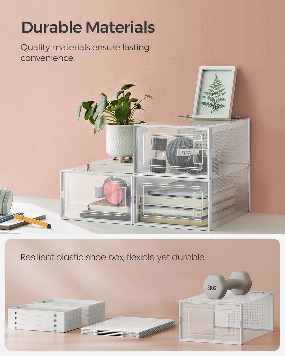 Shoe Storage Boxes - Pack of 15 - Transparent and White - Stackable and Versatile for Sizes Up to UK 9