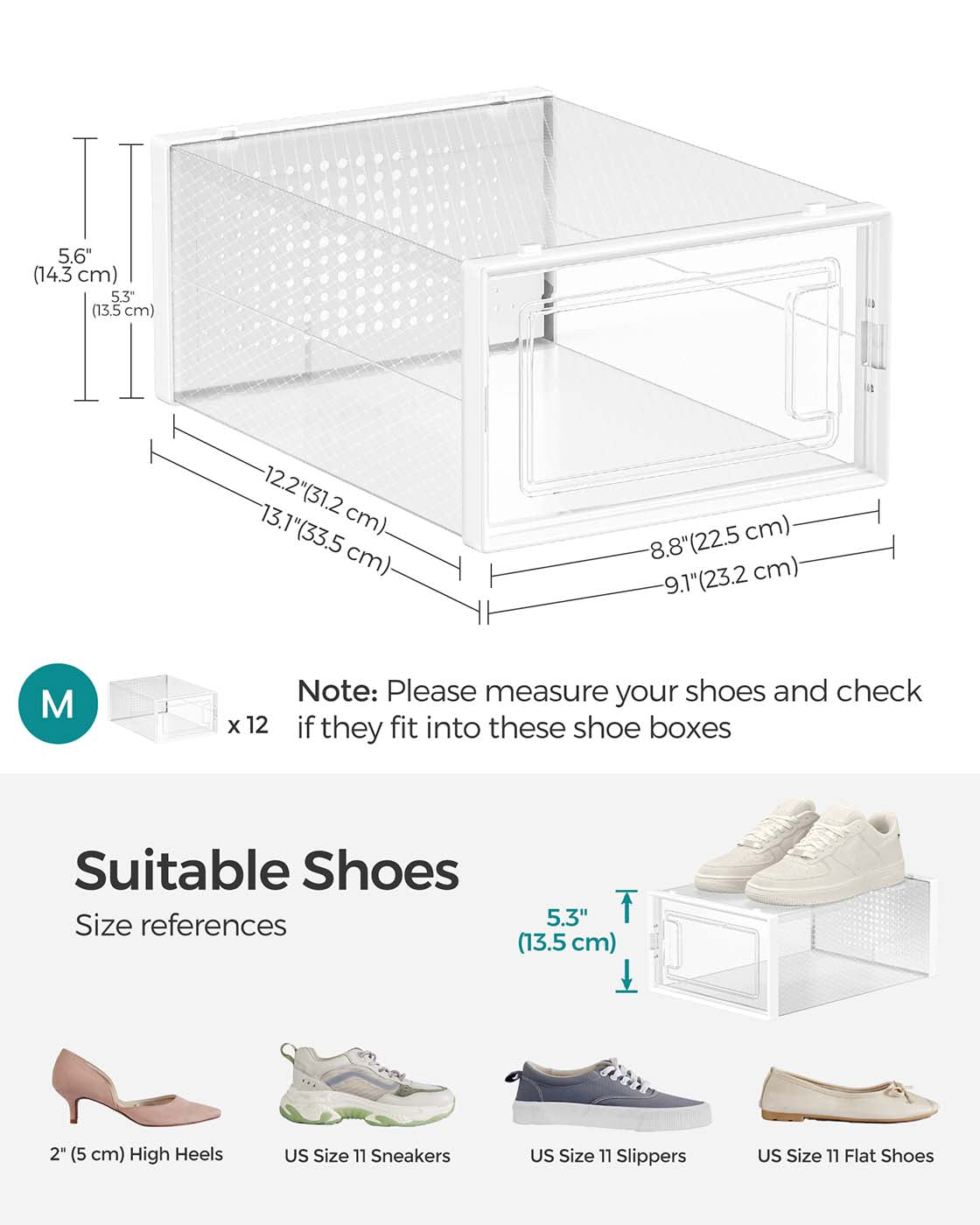 Shoe Storage Boxes - Pack of 15 - Transparent and White - Stackable and Versatile for Sizes Up to UK 9