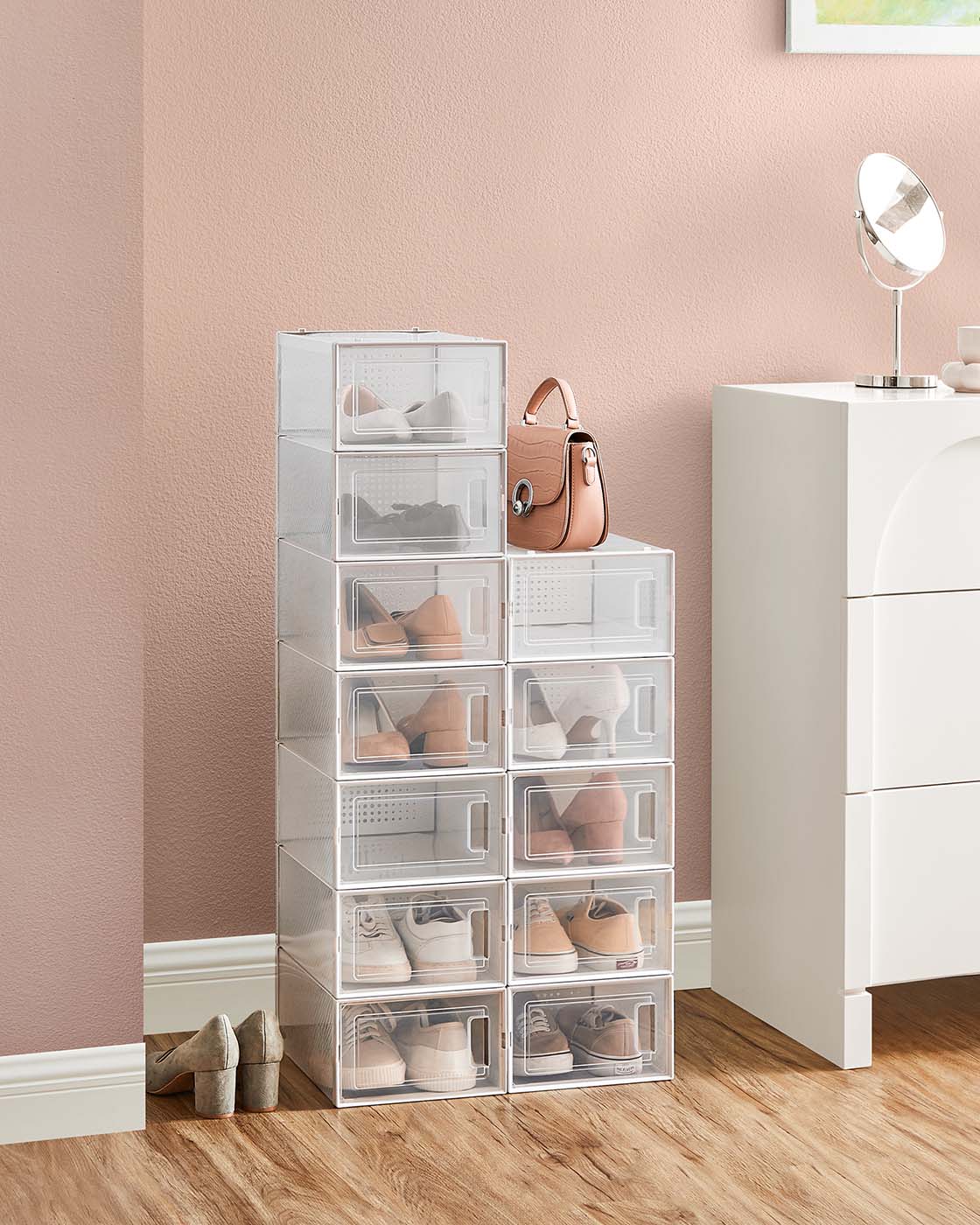Shoe Storage Boxes - Pack of 15 - Transparent and White - Stackable and Versatile for Sizes Up to UK 9