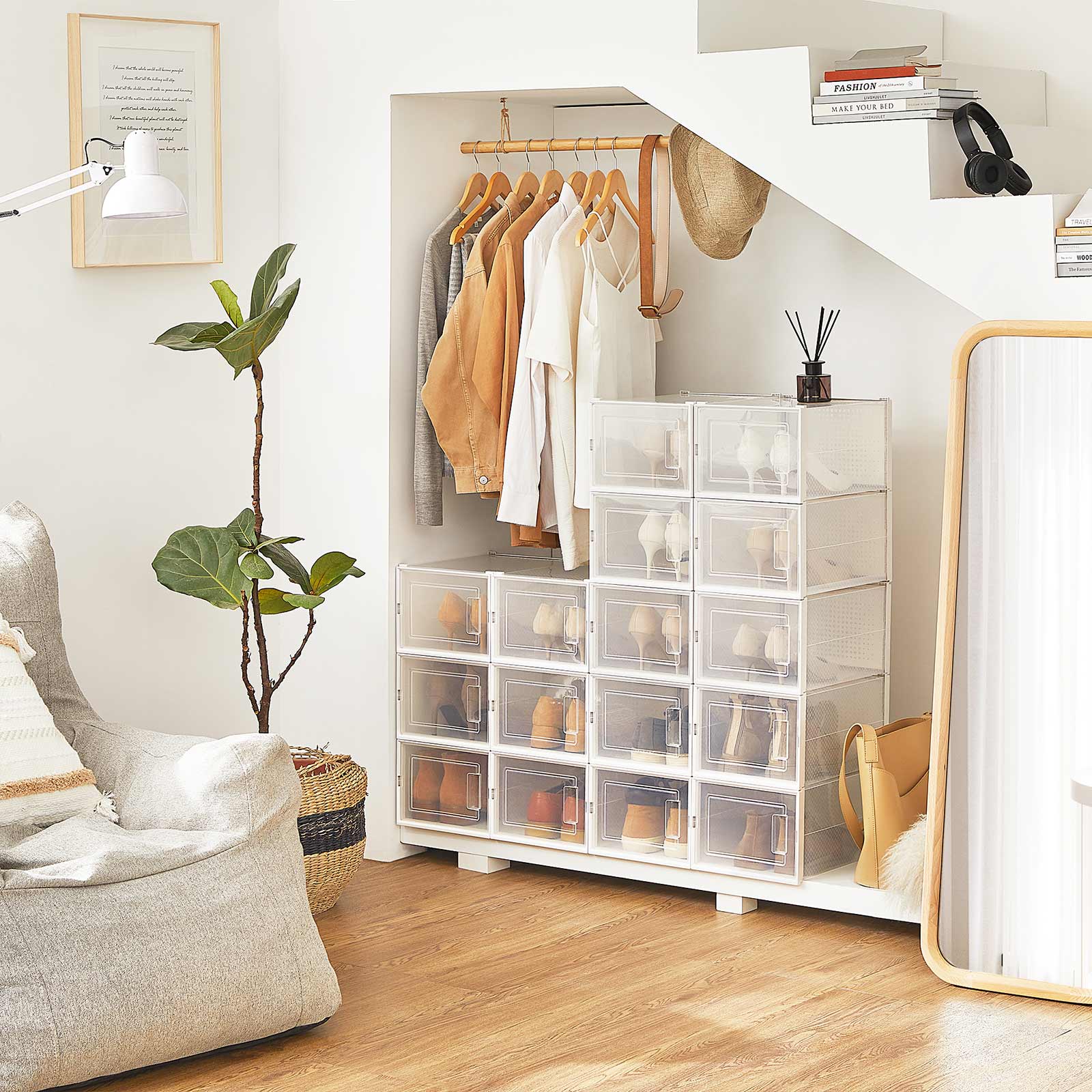Shoe Storage Organisers - Plastic - Transparent and White - Stackable and Foldable