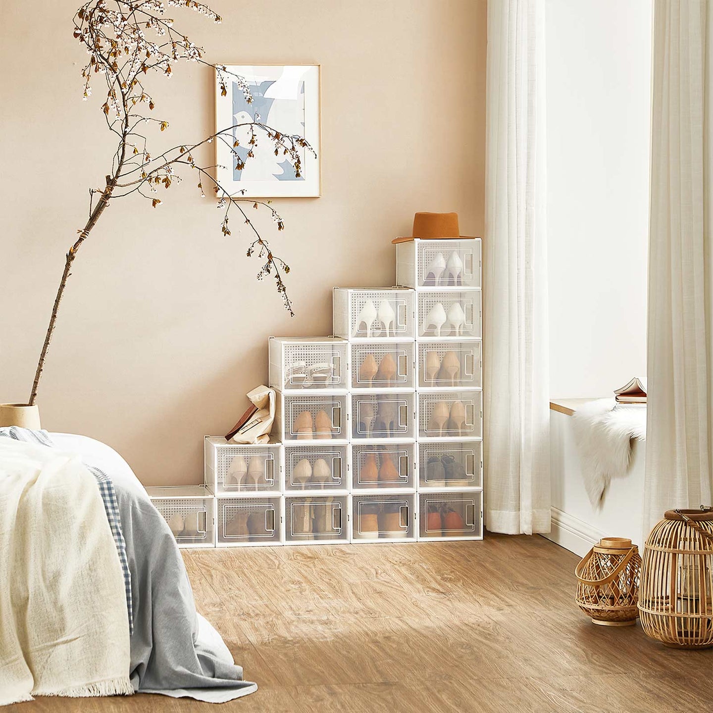 Shoe Storage Organisers - Plastic - Transparent and White - Stackable and Foldable