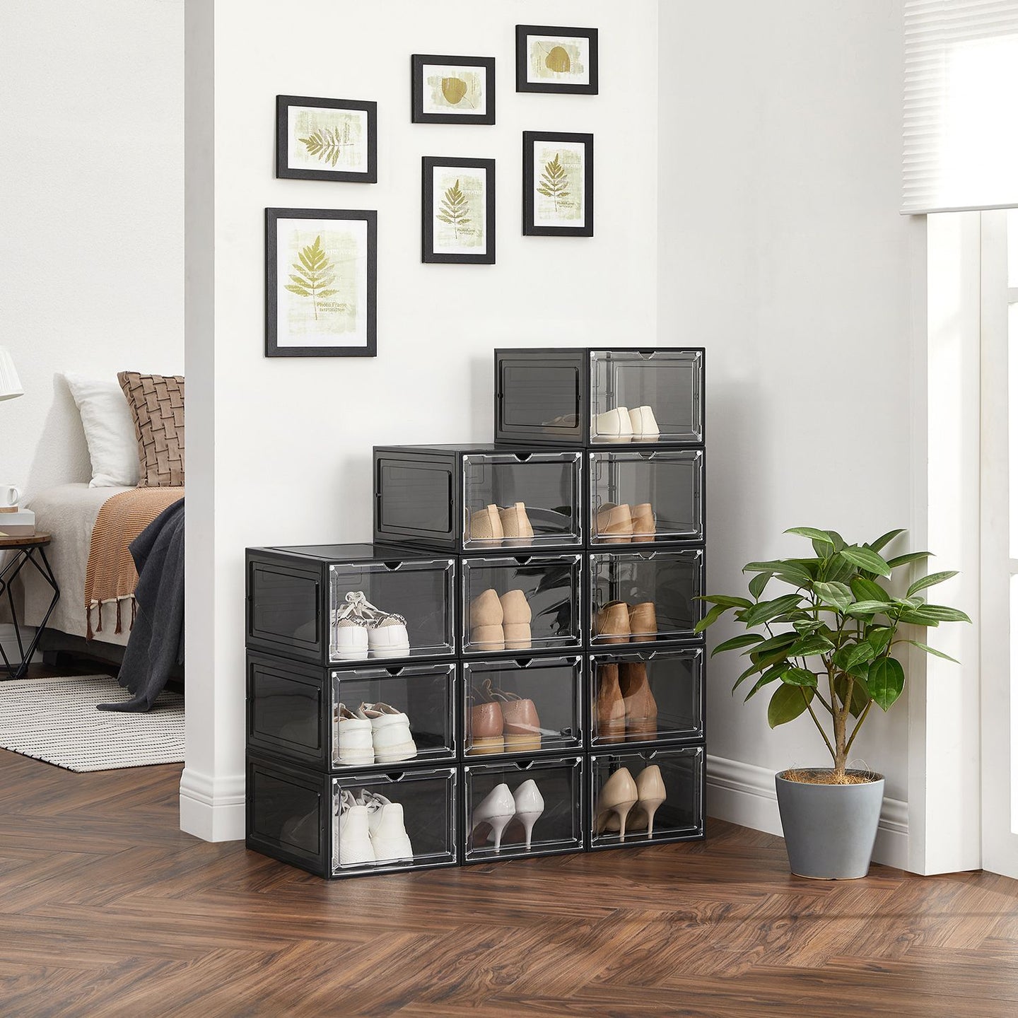 Stackable Shoe Storage Boxes - Set of 6 with Clear Doors - Plastic - Ink Black