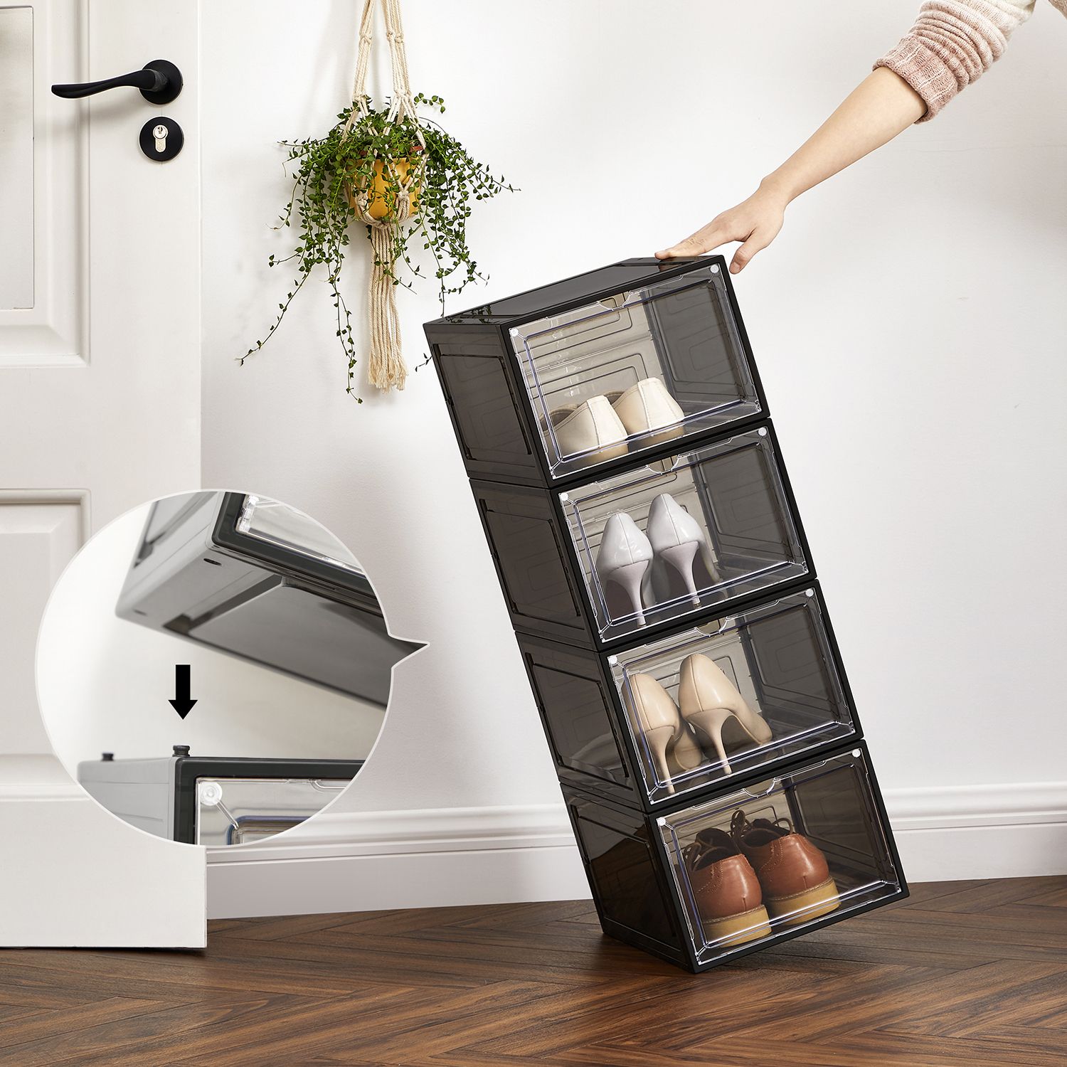 Stackable Shoe Storage Boxes - Set of 6 with Clear Doors - Plastic - Ink Black