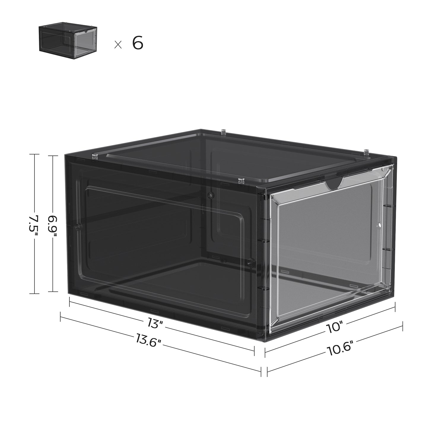 Stackable Shoe Storage Boxes - Set of 6 with Clear Doors - Plastic - Ink Black