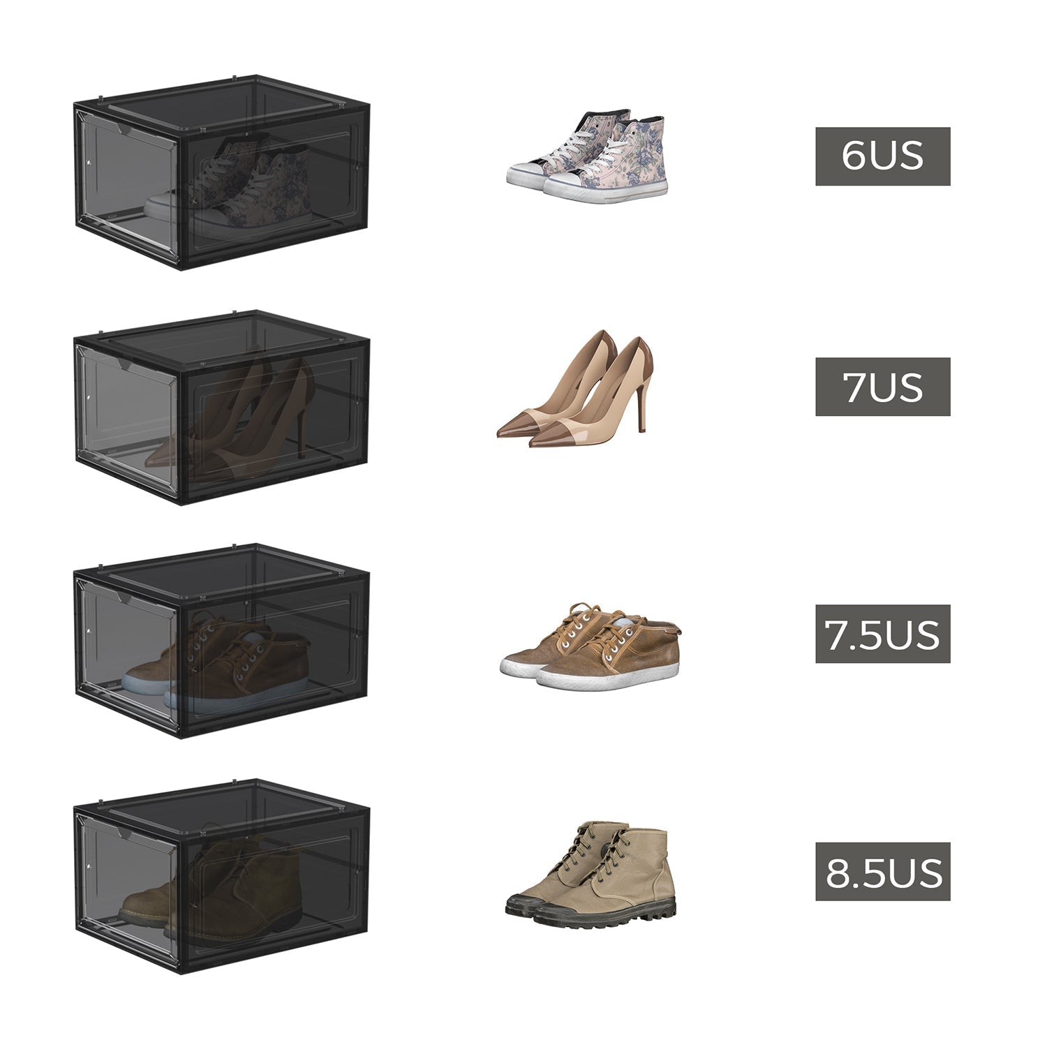 Stackable Shoe Storage Boxes - Set of 6 with Clear Doors - Plastic - Ink Black
