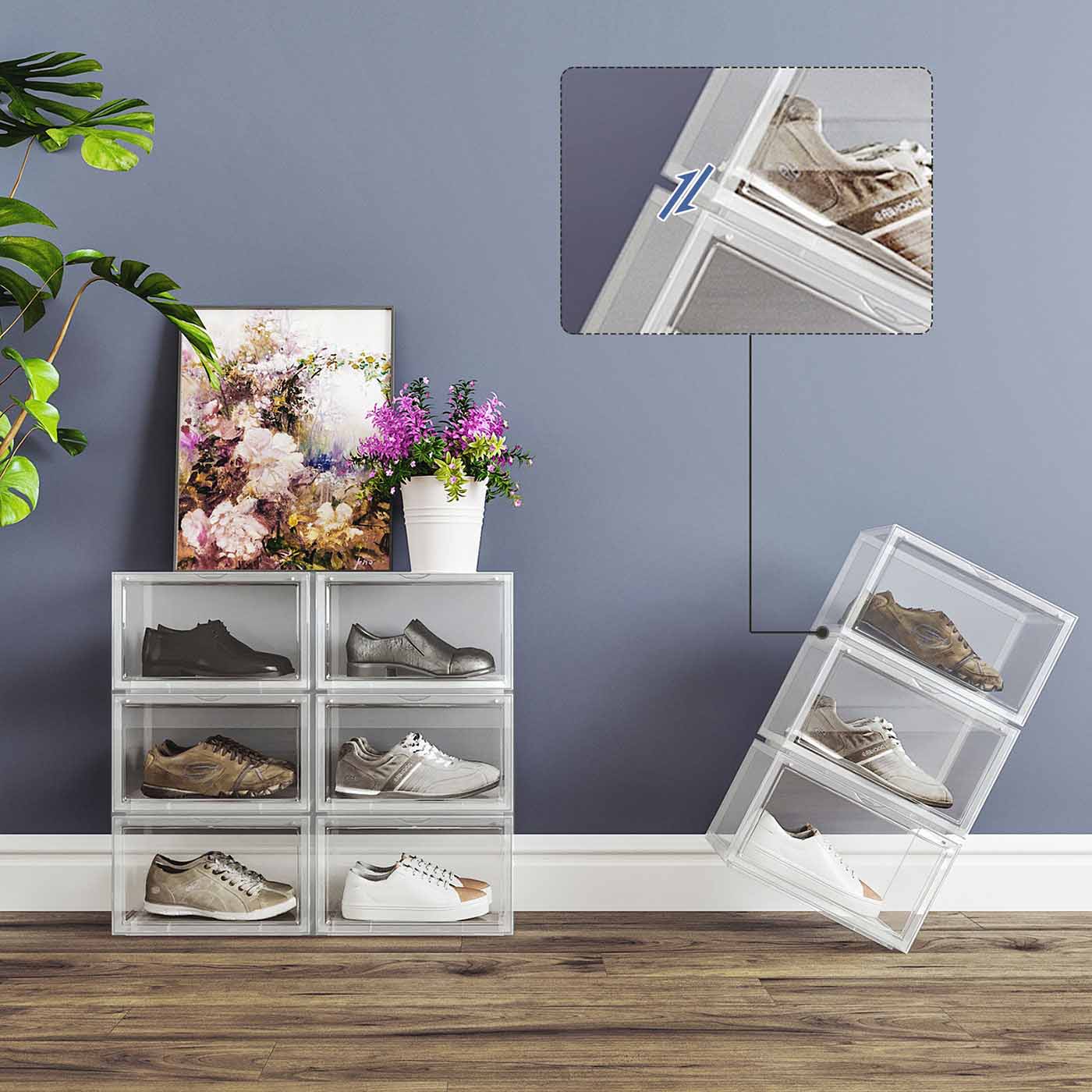 Shoe Box - Plastic - Clear - Stackable and Easy to Assemble (Set of 6)