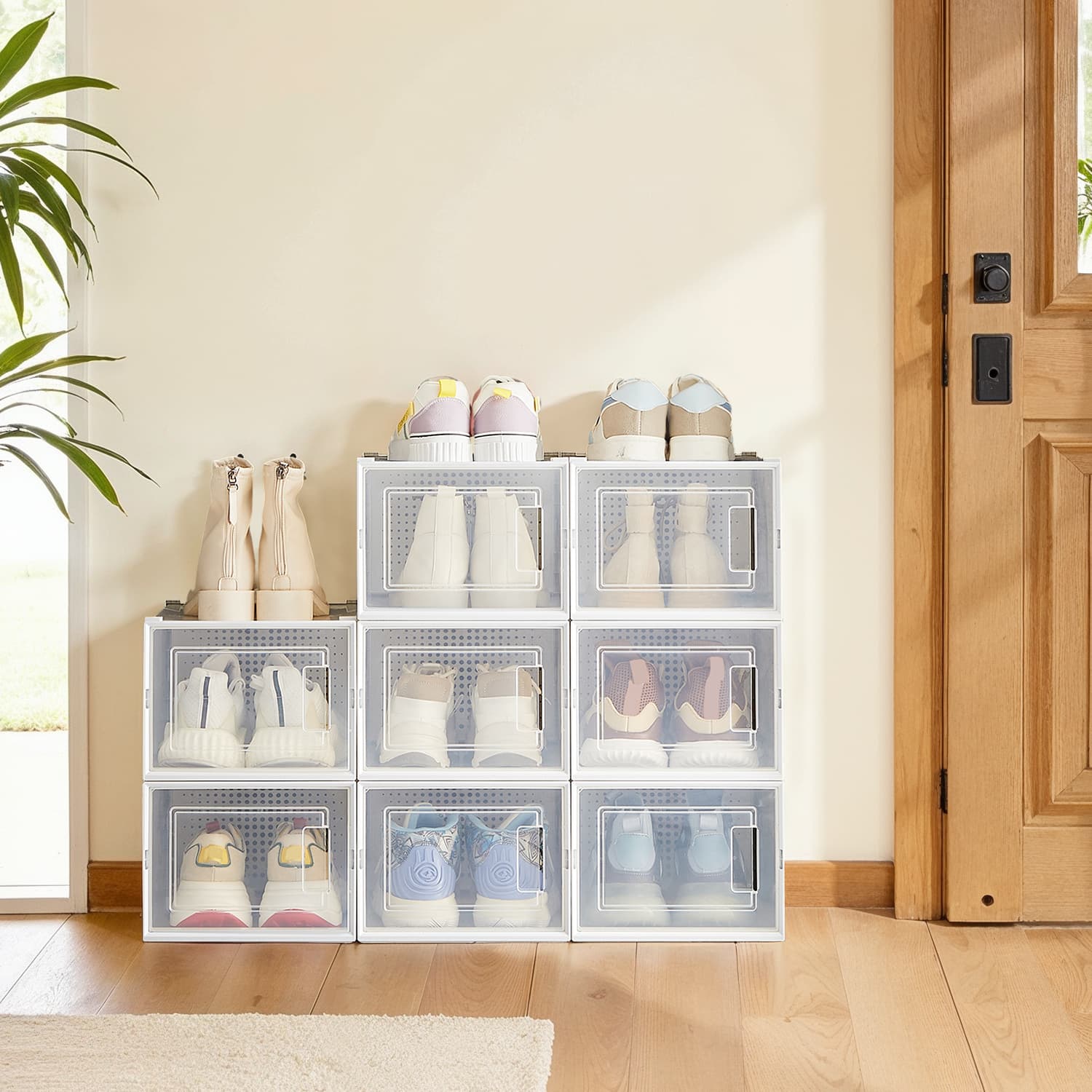 Set of 8 Sneaker Storage Boxes - Plastic - White and Transparent - Foldable and Stackable
