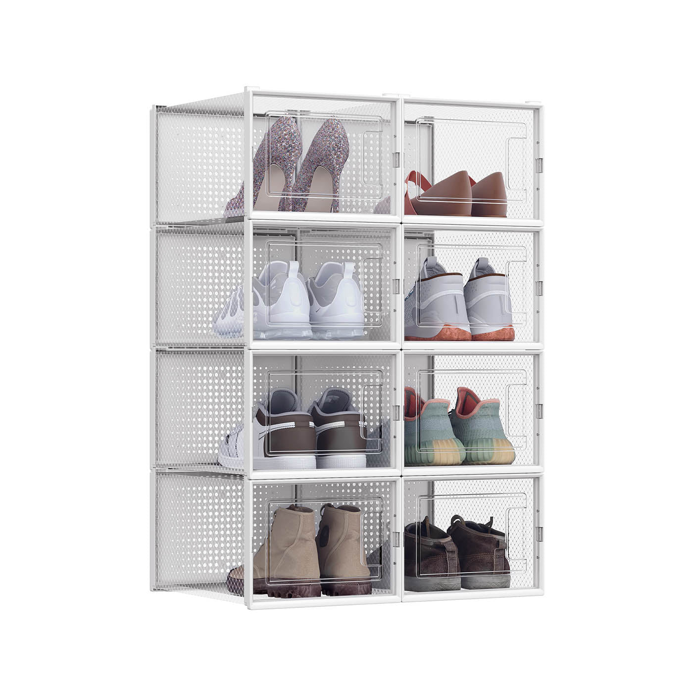 Shoe Storage Organisers - Transparent and White - Stackable and Foldable