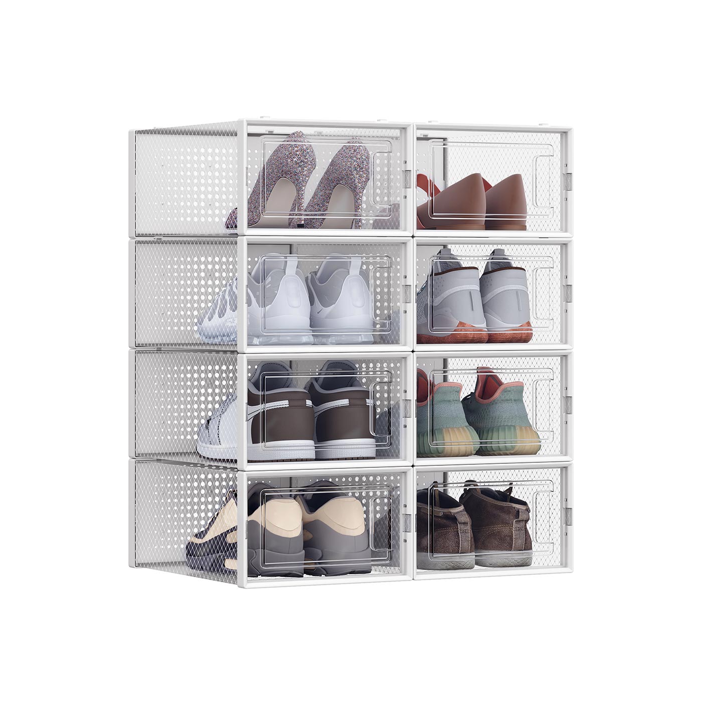 Foldable Shoe Storage Organisers - Plastic - Transparent and White - Pack of 8