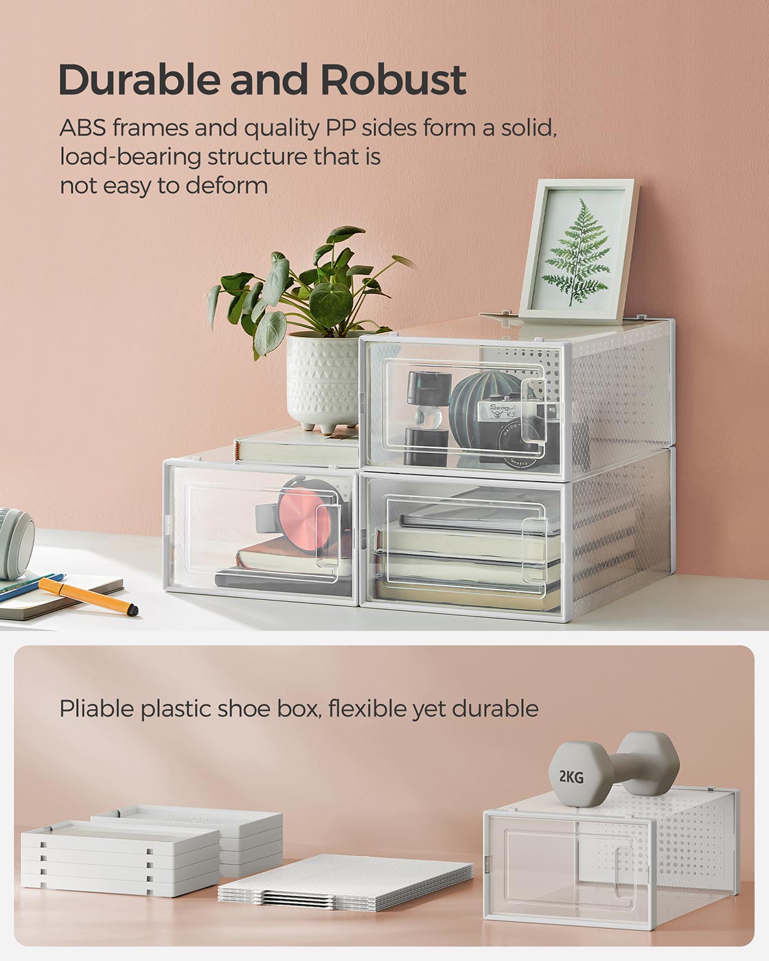 Foldable Shoe Storage Organisers - Plastic - Transparent and White - Pack of 8