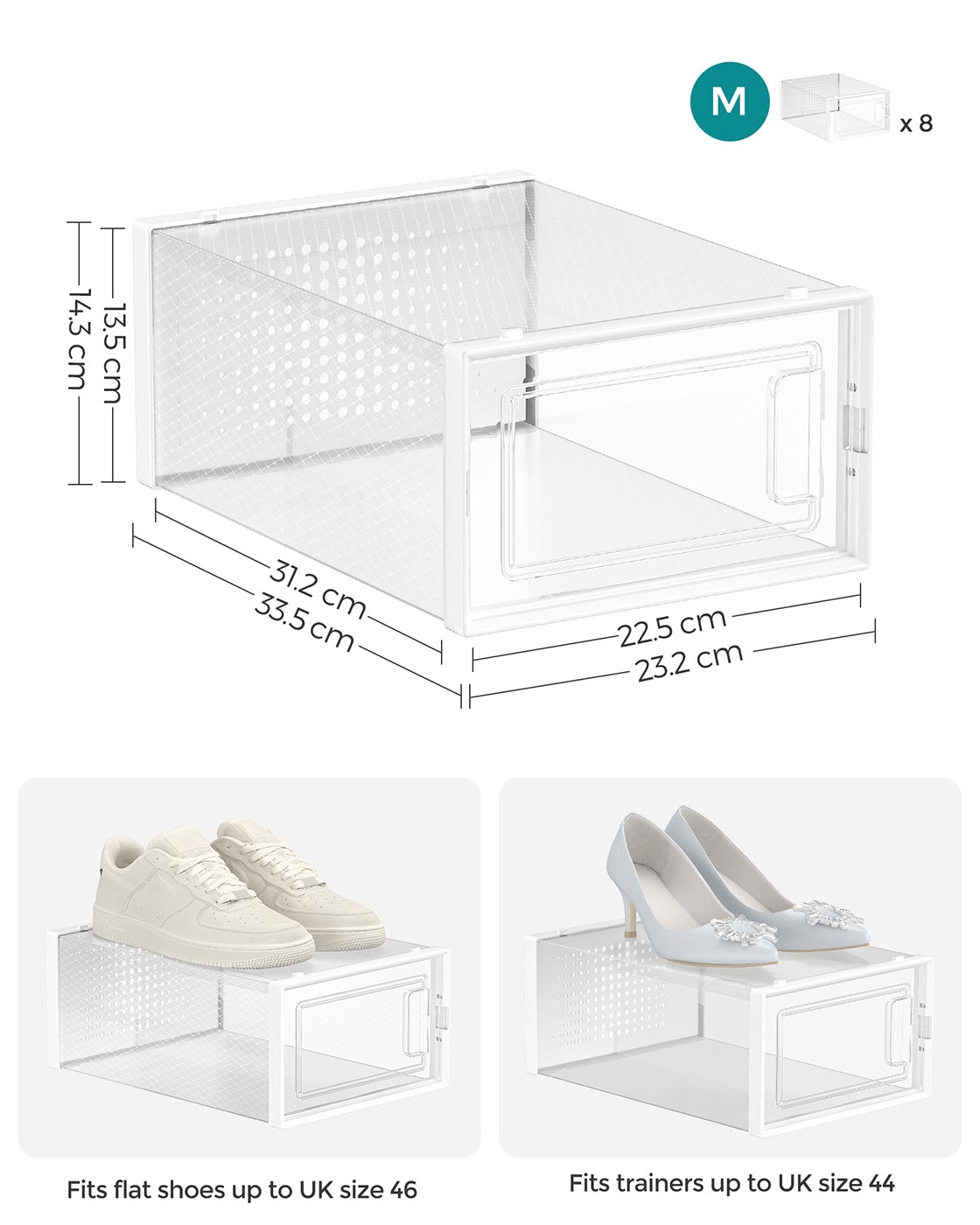 Foldable Shoe Storage Organisers - Plastic - Transparent and White - Pack of 8