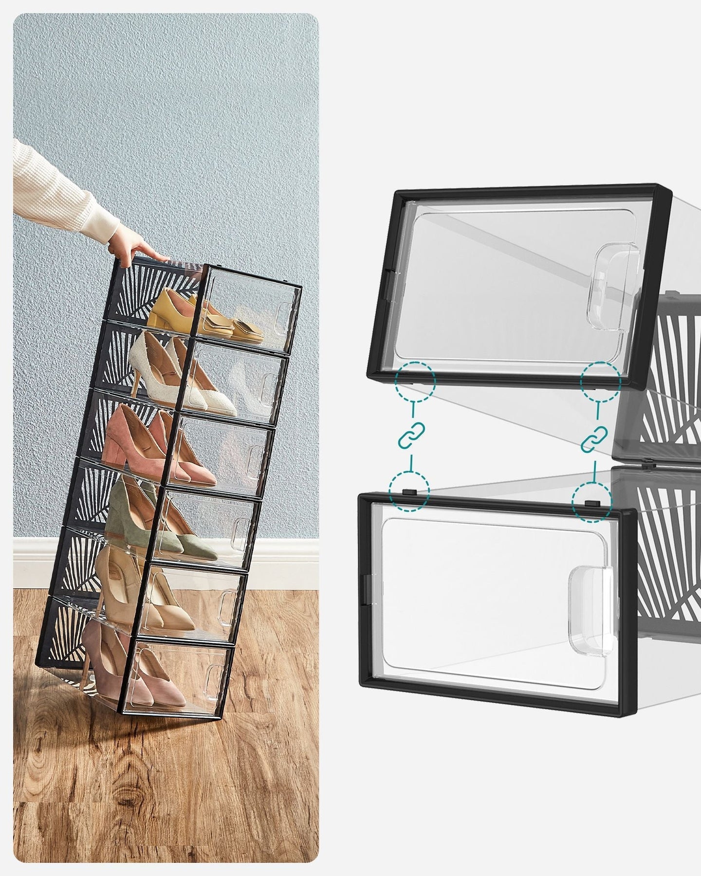 Pack of 18 Transparent Plastic Shoe Storage Boxes - Stackable and Breathable