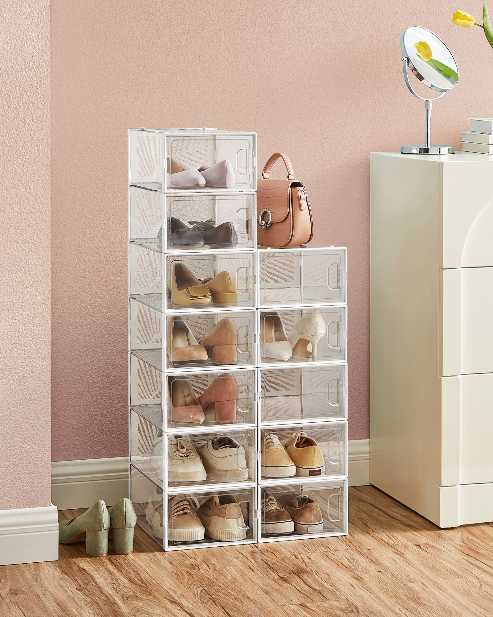 Set of 12 Stackable Shoe Boxes - For Max UK Size 11 - Transparent - Breathable and Foldable