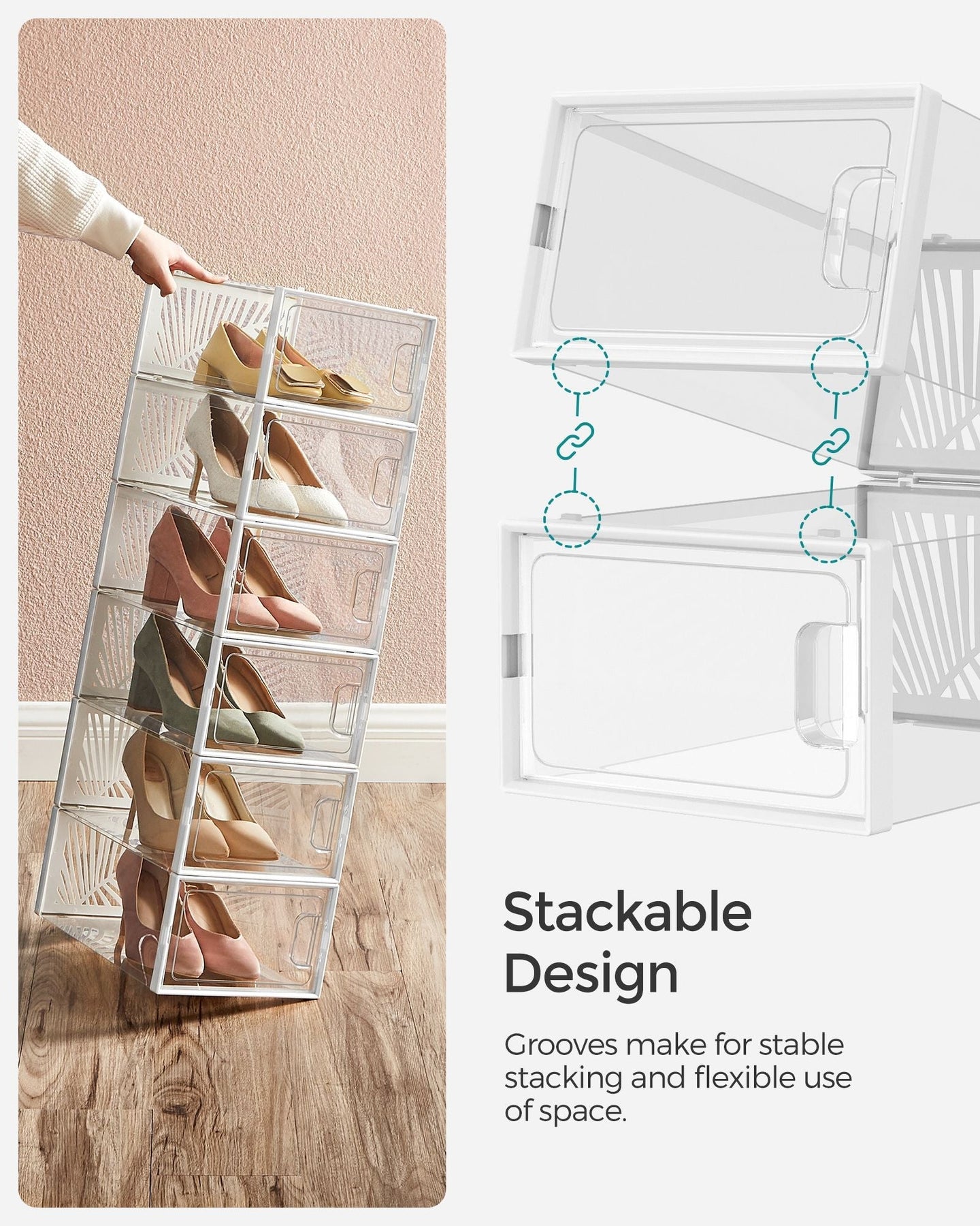 Shoe Storage Boxes - Plastic - Transparent and White - Stackable and Breathable