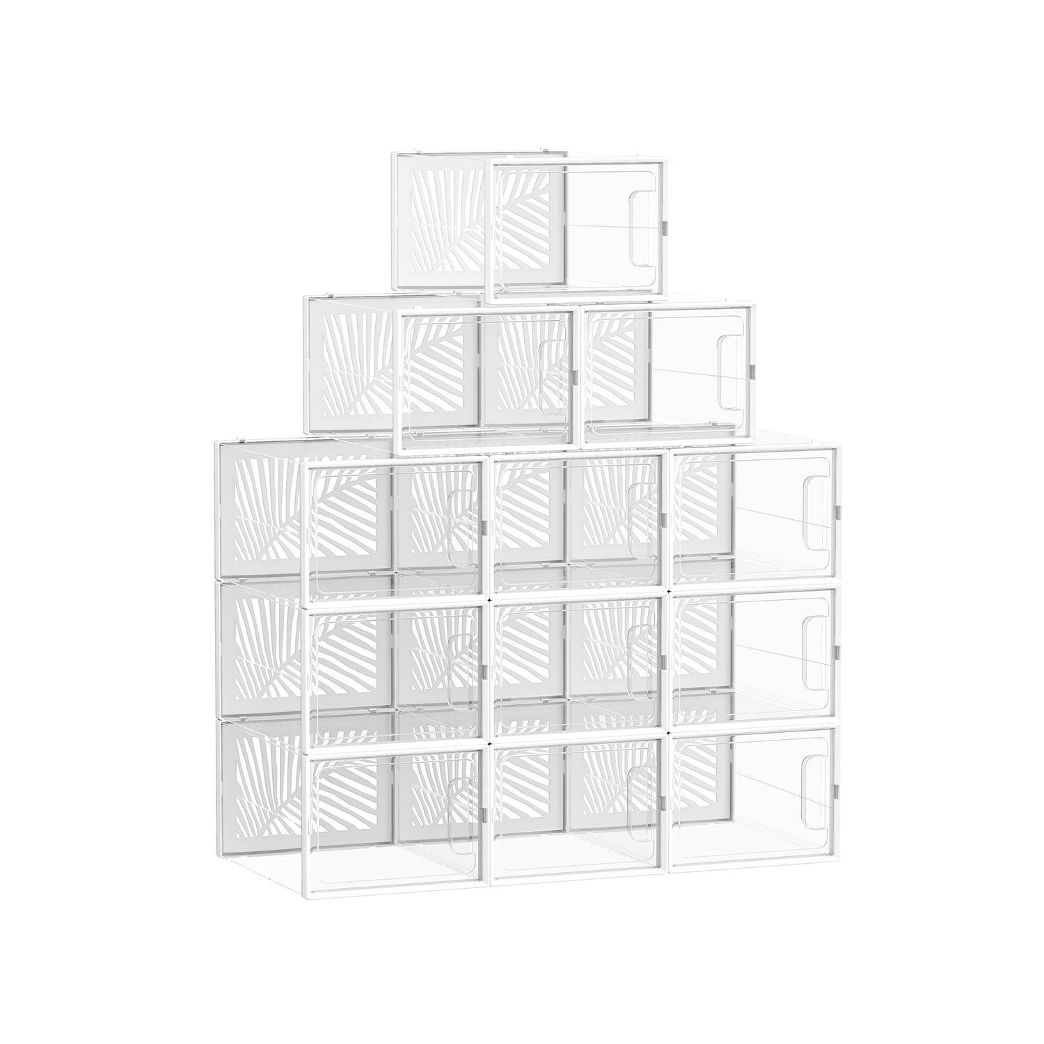 Set of 12 Stackable Shoe Boxes - Plastic - Transparent and White - Breathable and Foldable