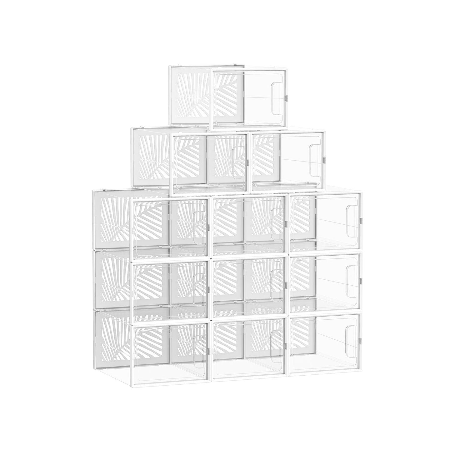 Set of 12 Stackable Shoe Boxes - Plastic - Transparent and White - Breathable and Foldable