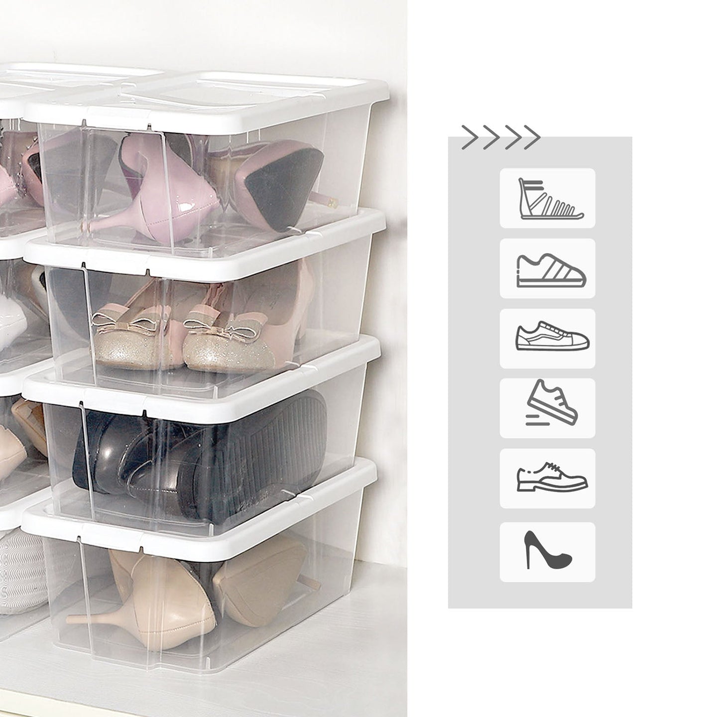 Storage Boxes - Clear Plastic - Transparent - Stackable Shoe Organiser Set of 8