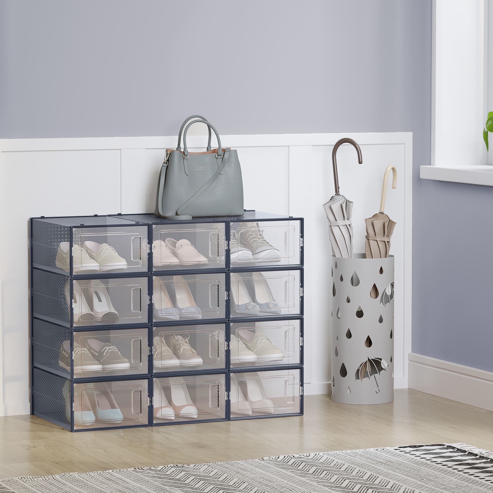 Stackable Shoe Storage Organizers - 12-Pack - Plastic - Transparent