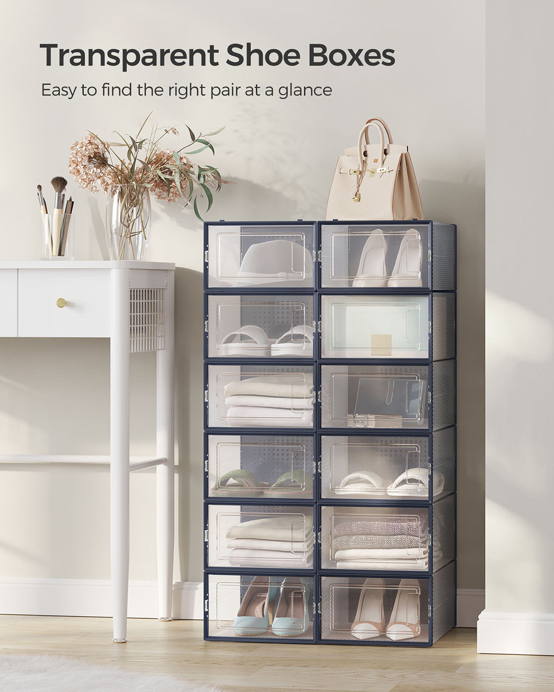 12-Pack Stackable Shoe Boxes - Plastic - Transparent - Versatile Storage for Sizes Up to UK 7.5