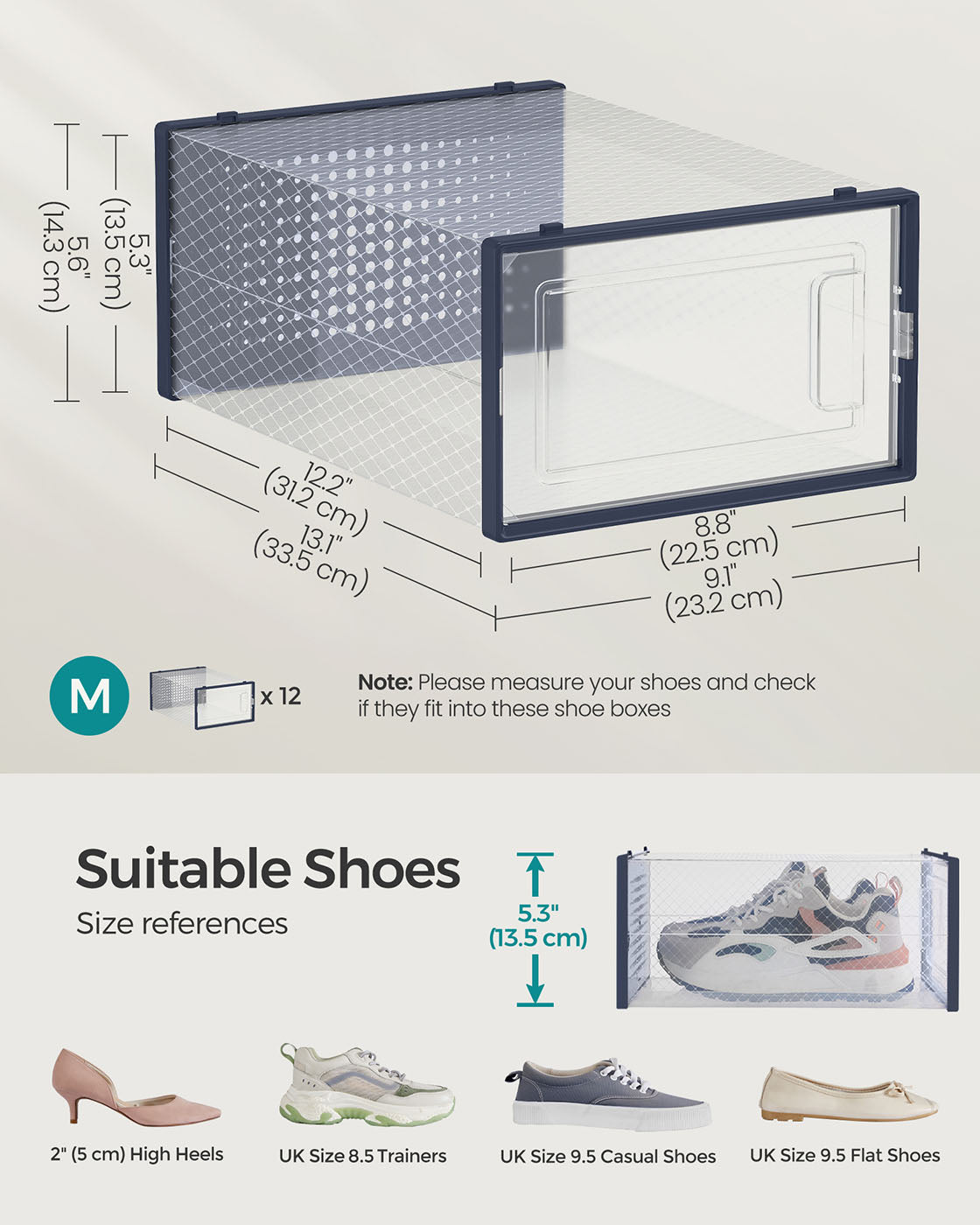12-Pack Stackable Shoe Boxes - Plastic - Transparent - Versatile Storage for Sizes Up to UK 7.5