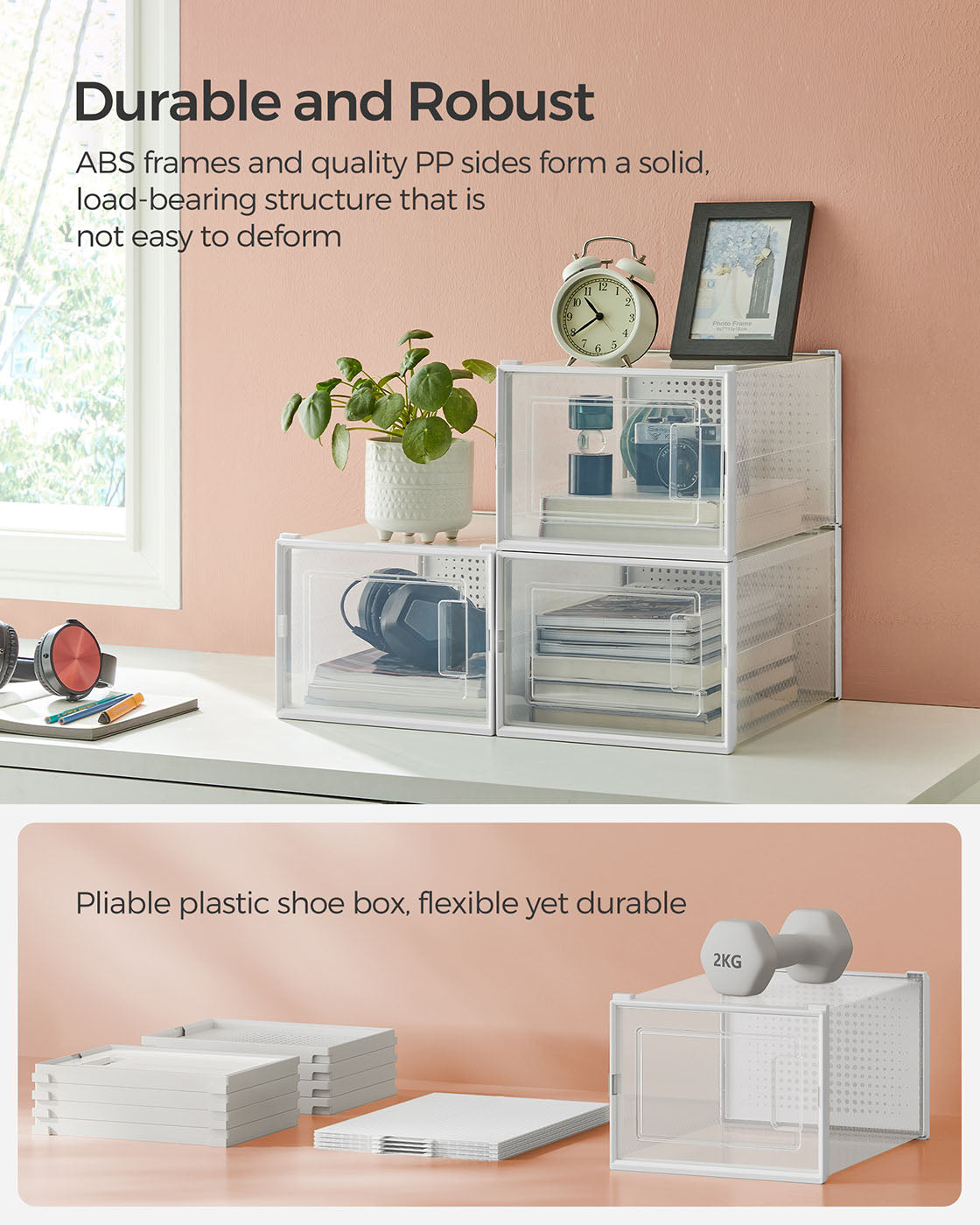 Stackable Shoe Storage Boxes - Plastic - Transparent and White - Foldable Design