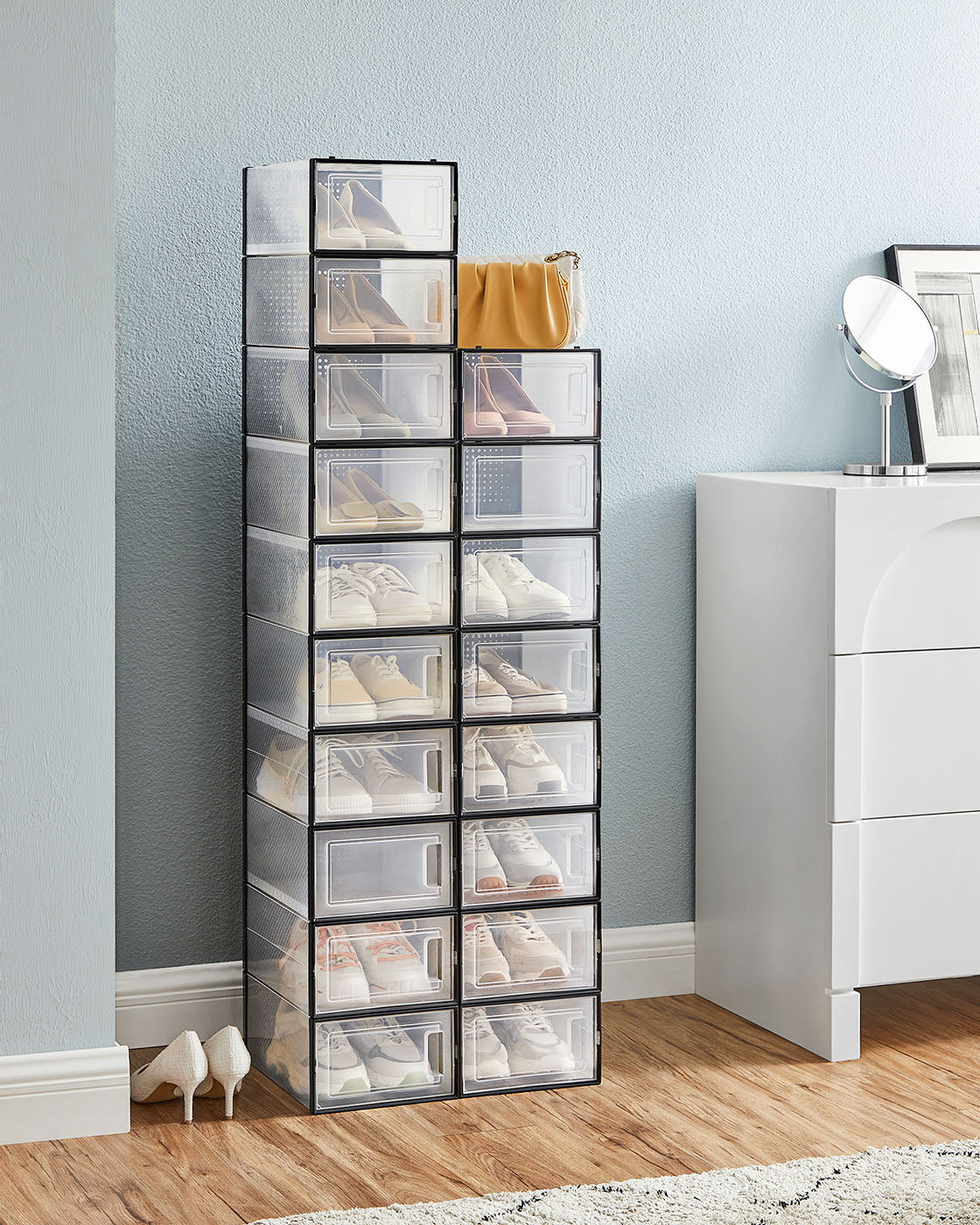 Shoe Organisers - Plastic - Transparent and White - Stackable and Foldable