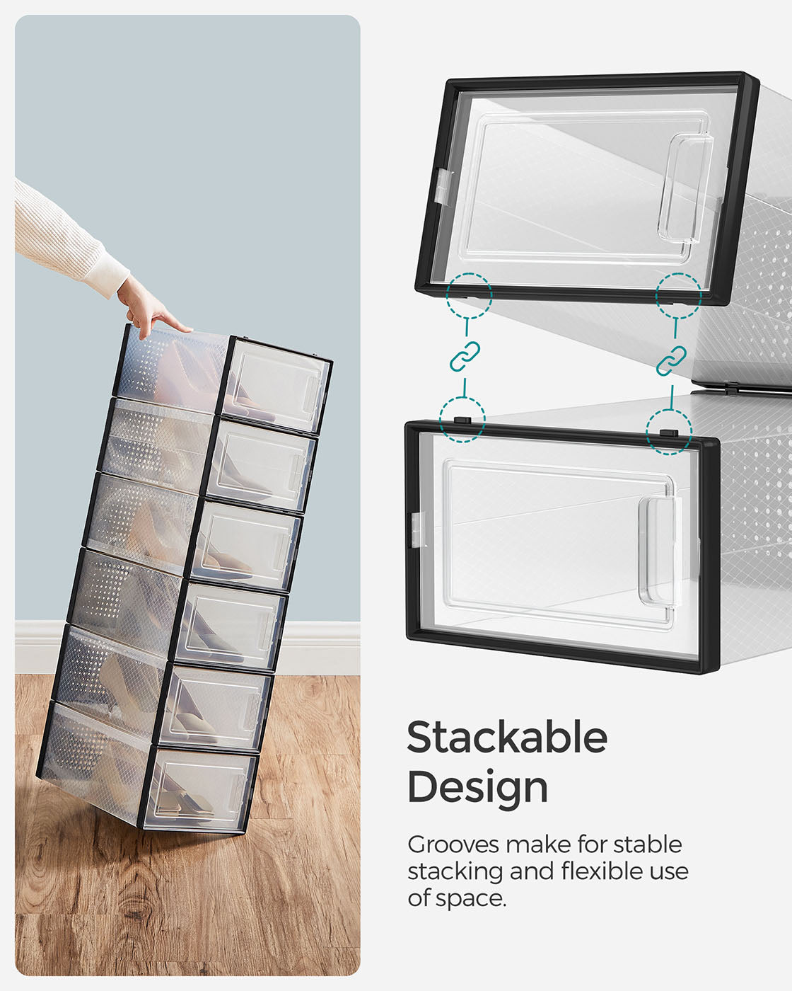 Shoe Organisers - Plastic - Transparent and White - Stackable and Foldable