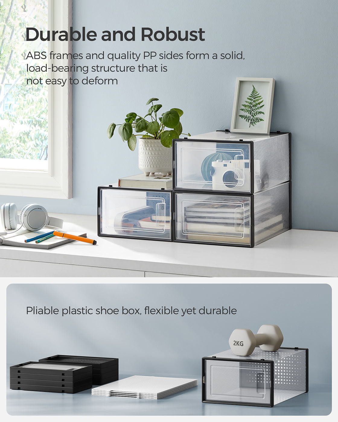 Shoe Organisers - Plastic - Transparent and White - Stackable and Foldable