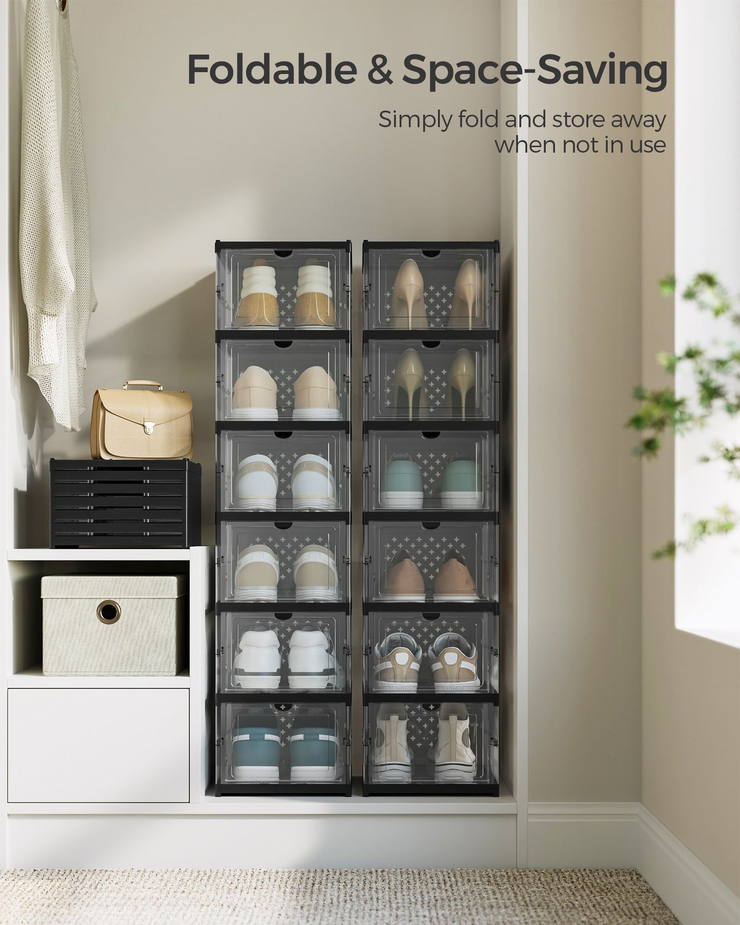 Stackable Shoe Boxes - Pack of 12 - Transparent - Foldable and Portable