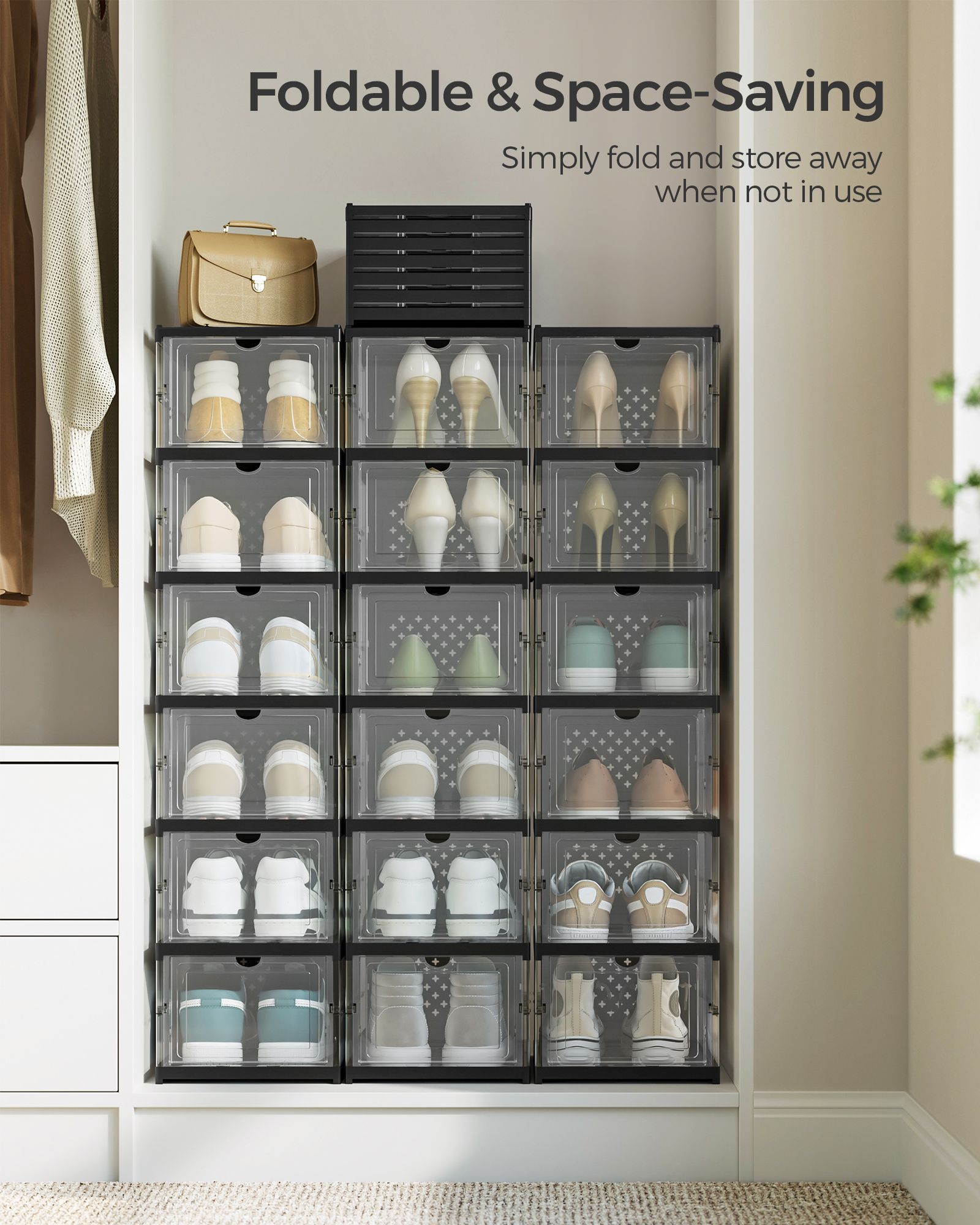 Stackable Shoe Boxes - Pack of 18 - Transparent - Foldable and Portable
