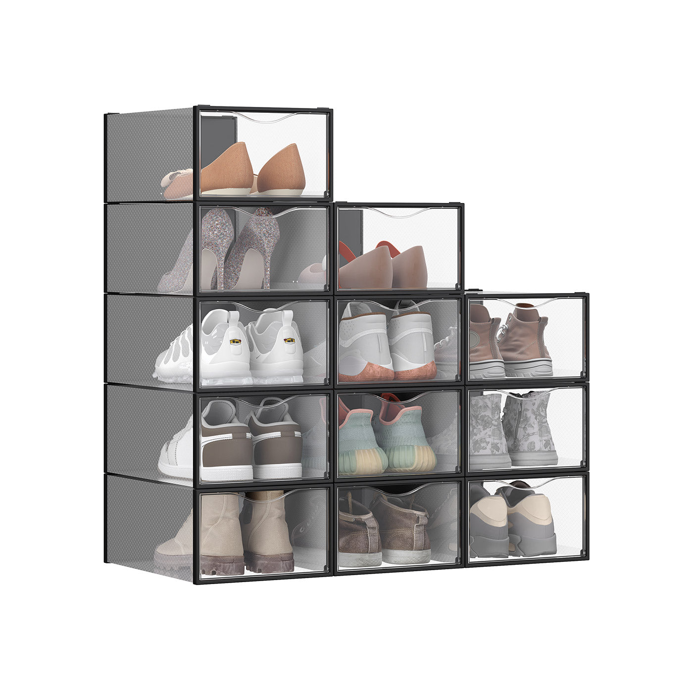 Shoe Storage Organizers - Stackable Set of 12 - Plastic - Transparent and Black
