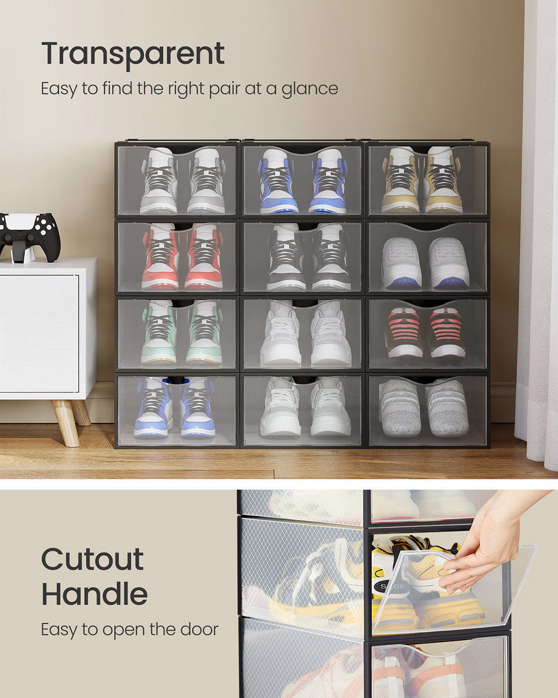 Shoe Storage Organizers - Stackable Set of 12 - Plastic - Transparent and Black