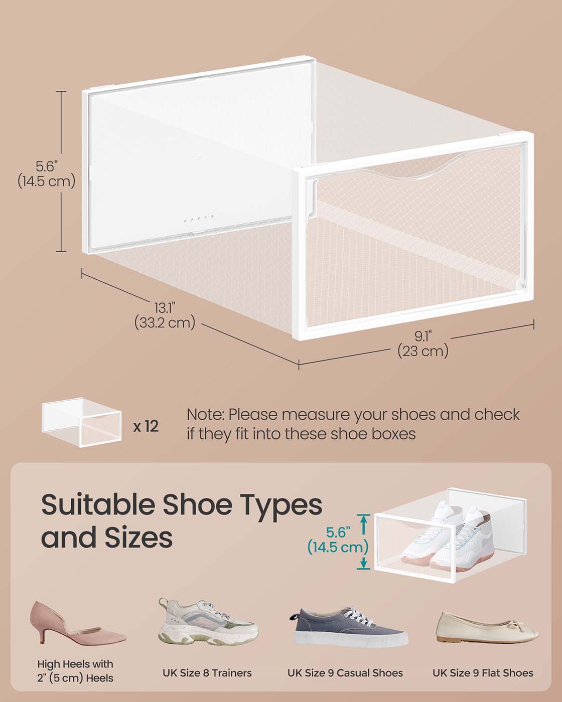 Shoe Storage Boxes - Plastic - Transparent - Set of 12 for Shoes up to UK Size 9
